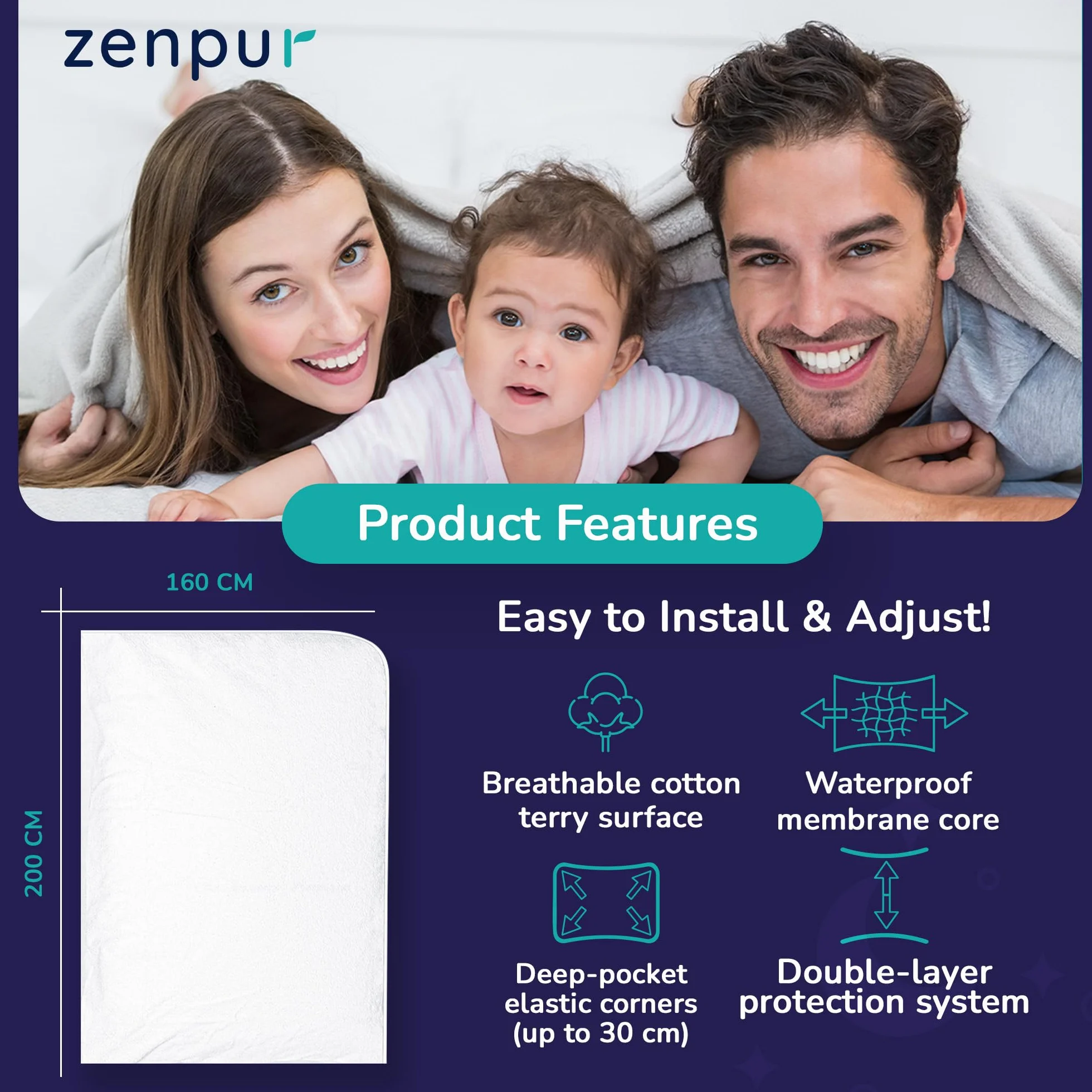 ZenPur Protège-Matelas 160 x 200 cm en Coton Respirant Imperméable Standard 100 by Oeko-TEX®