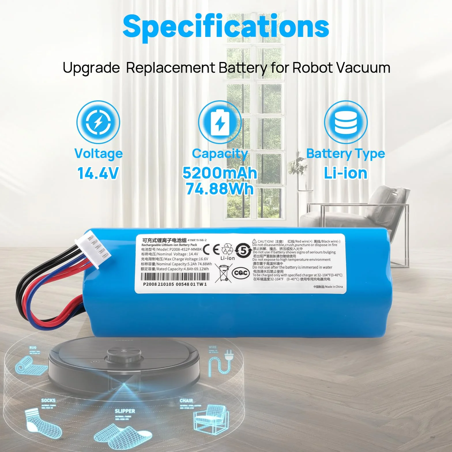 Akumulator 5200 mAh kompatybilny z Ecovacs Deebot T5 T8 T8+ T9 T9+, Deebot T10 T9 Ozmo 950 DX65 DX93 DX96 X1 Omni X1 Turbo X1 Plus DLX11-21/61 DBX11-11-11 /21 Aspire radery, S10-LI-144-5200 201-1913
