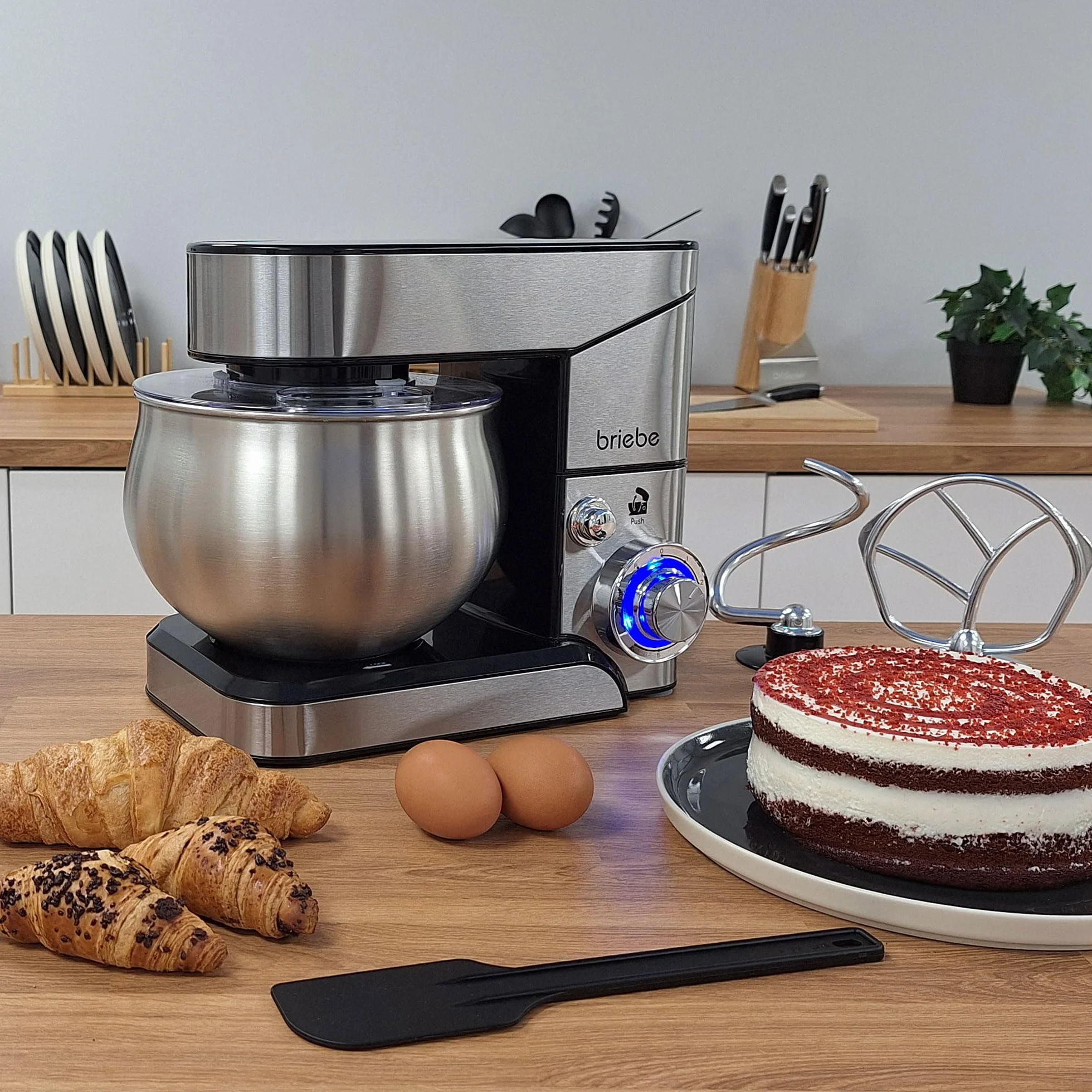 briebe Mikser do ciasta 1800 W MAX, profesjonalny robot kuchenny, ruch orbitalny, pręty, hak do ciasta, łopatka do mieszania, 5 l, 6 prędkości + funkcja pulsu, Inox KM1114