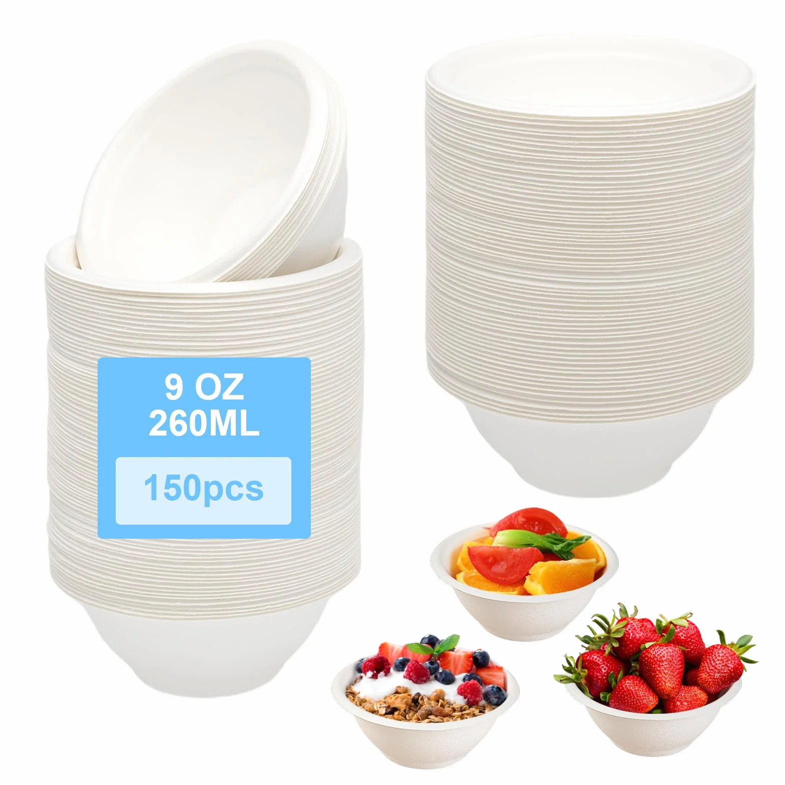 HENGBIRD 150 sztuk kartonowych miseczek jednorazowych misek na zupę z trzciny cukrowej, jednorazowe miseczki jednorazowe na zupę, ekologiczne, 260 ml, białe, okrągłe, nadające się do kompostowania