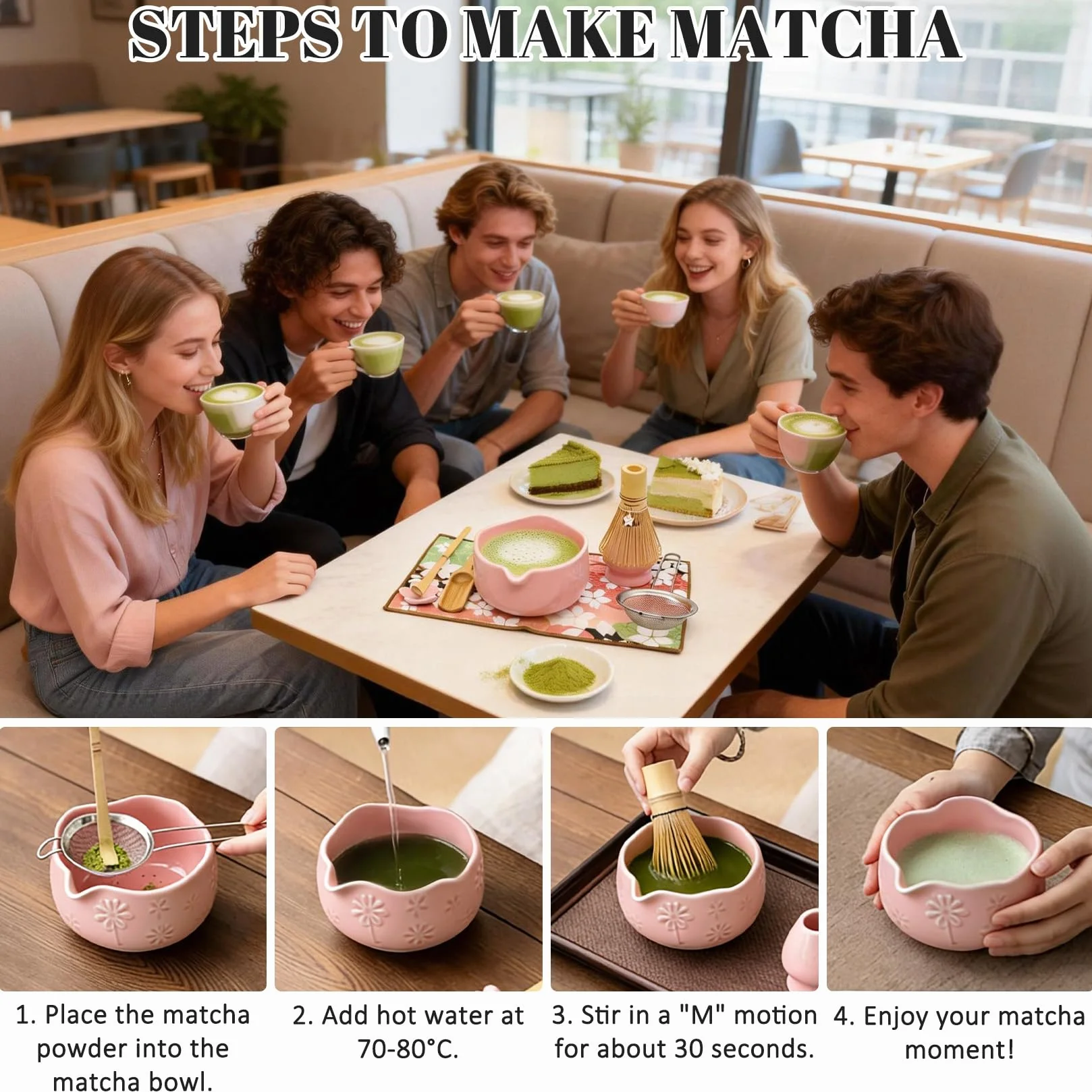 8-częściowy zestaw premium do matchy w kolorze różowym, zestaw startowy do matchy z miseczką do matchy z wylewkiem, mieszadłem do matchy, uchwytem na mieszadło, łyżeczką do matchy, łyżeczką do