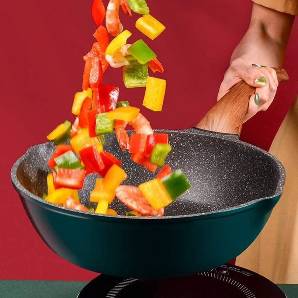 Patelnia do głębokiego smażenia TONONE Nonstick, patelnia wok z pokrywką, chłodny uchwyt, zdrowa patelnia do gotowania z powłoką granitową, (rozmiar: mały)