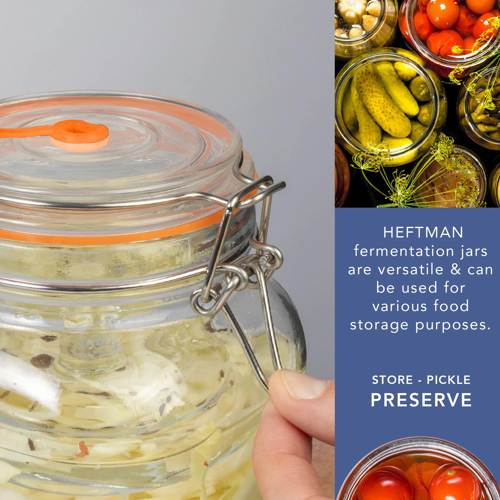 HEFTMAN Słoik fermentacyjny z śluzą powietrzną, 1 l do bezpiecznej fermentacji kefiru, kimchi, kapusty kiszonej, rozrusznika - silikonowe pokrywki i masy fermentacyjne - słoiki fermentacyjne 2-pak