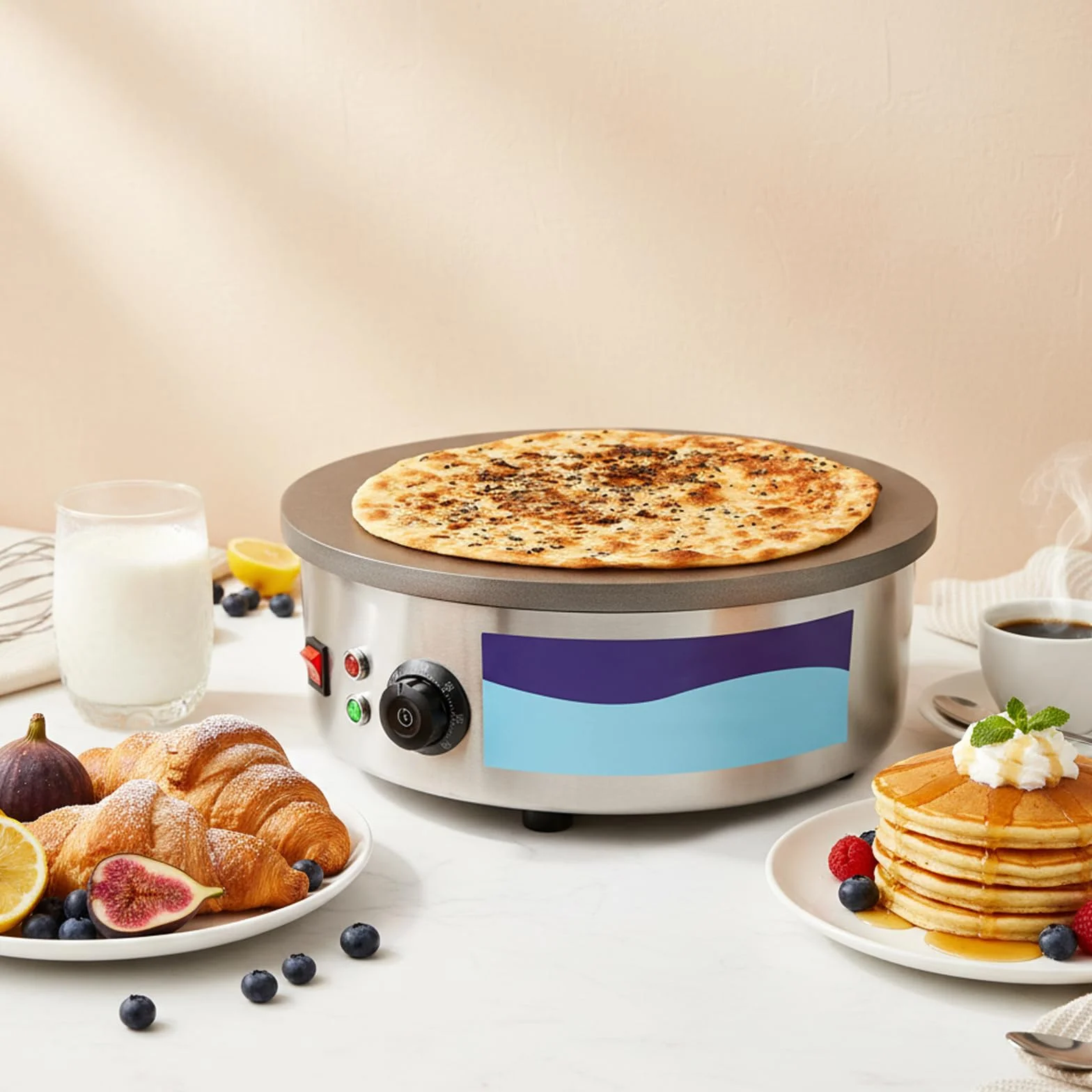 Elektryczna maszynka do naleśników, 45 cm, 3000 W, gastronomiczna – profesjonalna żeliwna płyta do naleśników i piekarni do smażenia naleśników, yufka i naleśników, 50-300°C, z łopatką i rozdzielaczem