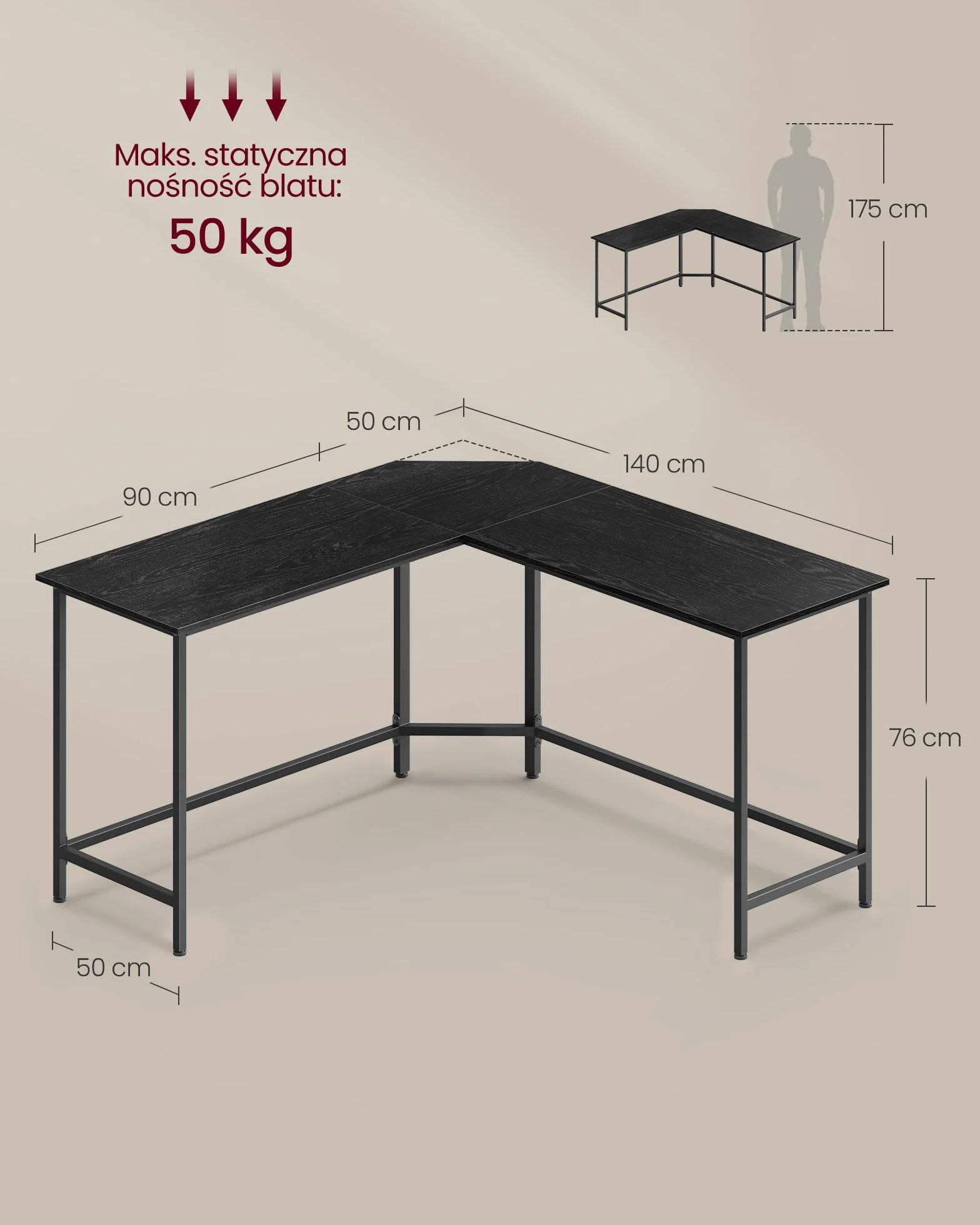 VASAGLE Biurko, biurko komputerowe w kształcie litery L, 140 x 140 x 76 cm, biurko narożne, oszczędność miejsca, stolik biurowy, do gier, domowego biura, prosty montaż, hebanowo-czarny tusz