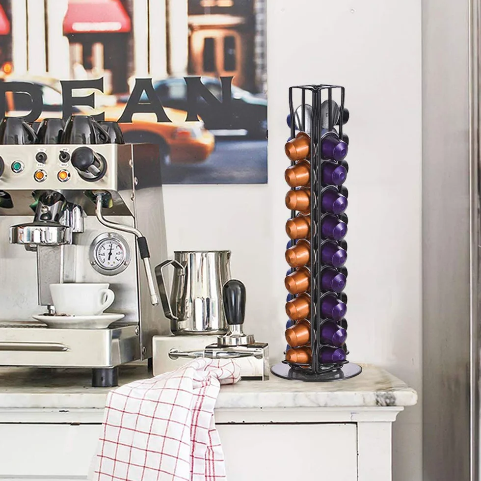 Uchwyt na kapsułki do kawy Nespresso, 40 kapsułek, obrotowy design, eleganckie i nowoczesne wykończenie, stojak do przechowywania kawy na 40 szt.