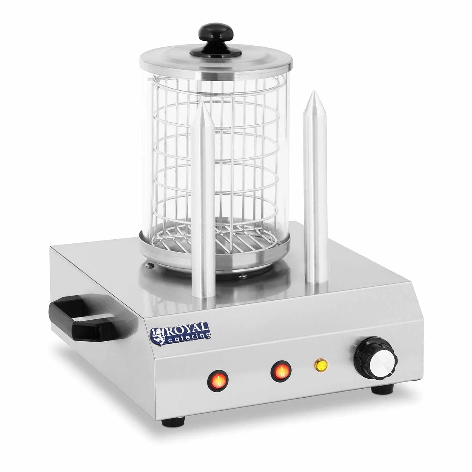 Royal Catering RCHW-350-2 szpikulce do hot Dog Maker Hot Dog Maker 2 (422 W, maks. 28 kiełbasek, 2 szpikulce grzewcze, temperatura do 97 °C, stal nierdzewna, szkło hartowane)