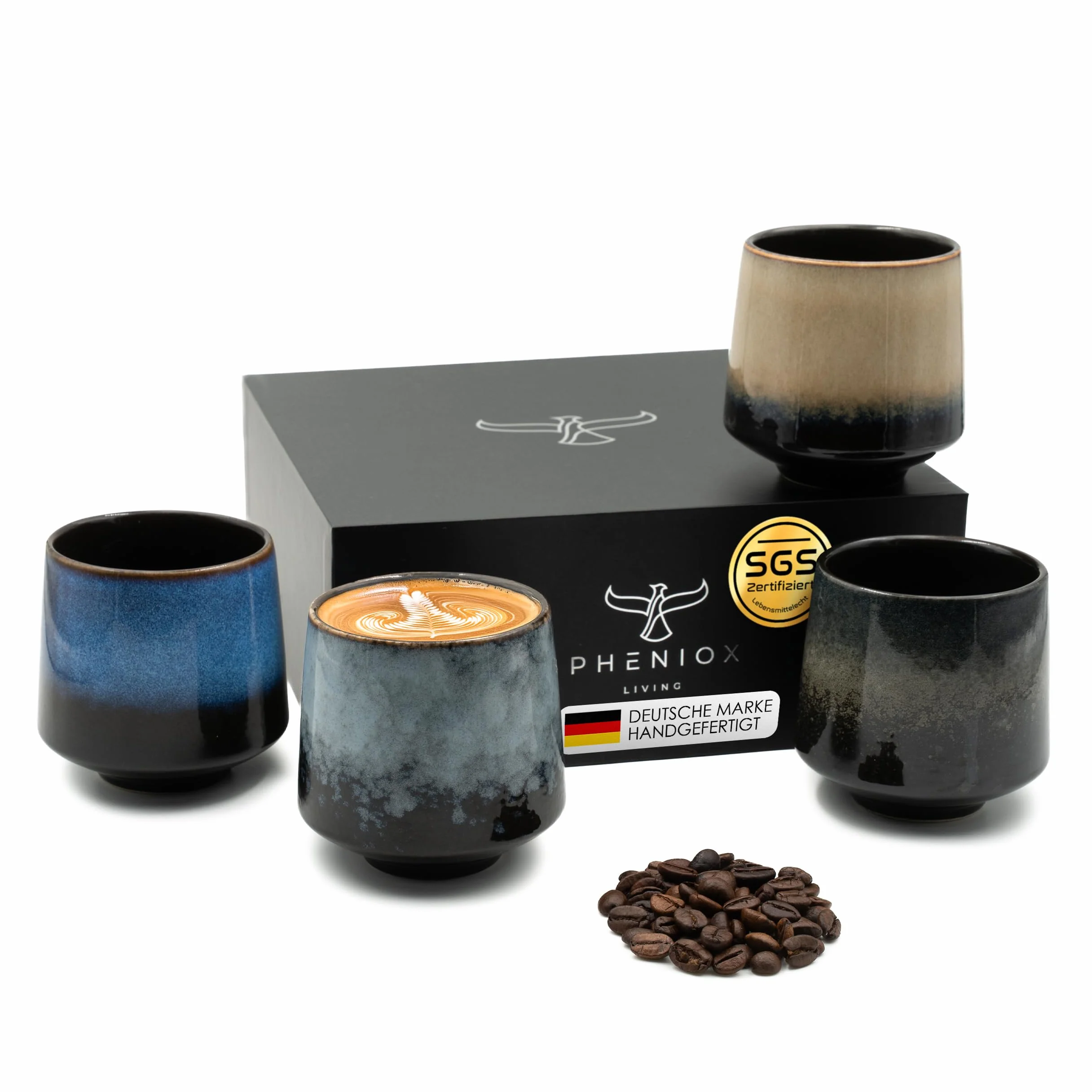 Pheniox Zestaw Filiżanek Cappuccino Infinity | 4 x 220 ml – Wysokiej Jakości Porcelanowe Filiżanki | Zestaw Kawy Bez Uchwytu | Prezent o Nowoczesnym Wzornictwie – Nadają Się do Mycia