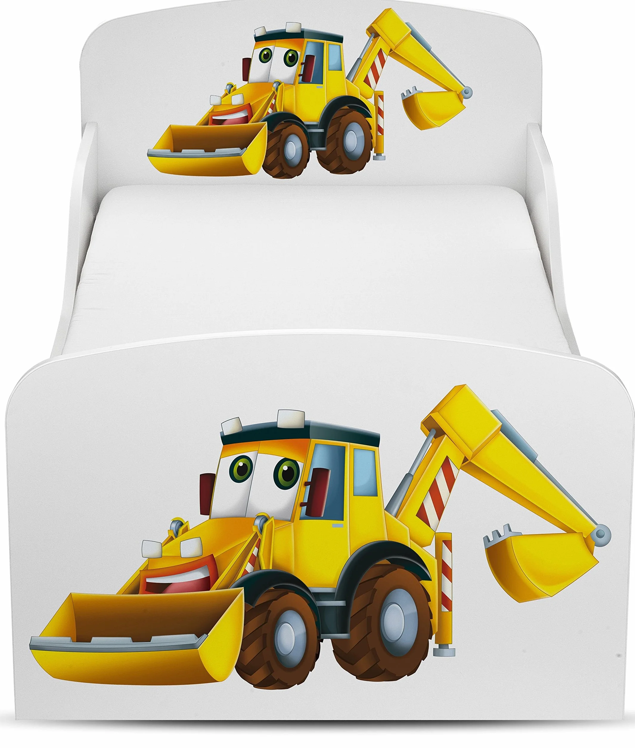 Leomark Łóżko dziecięce z drewna z materacem 70 x 140 cm Kompletny zestaw do pokoju dziecięcego: łóżeczko drewniane stelaż i materac nadruk UV: ŻÓŁTA KOPARKA