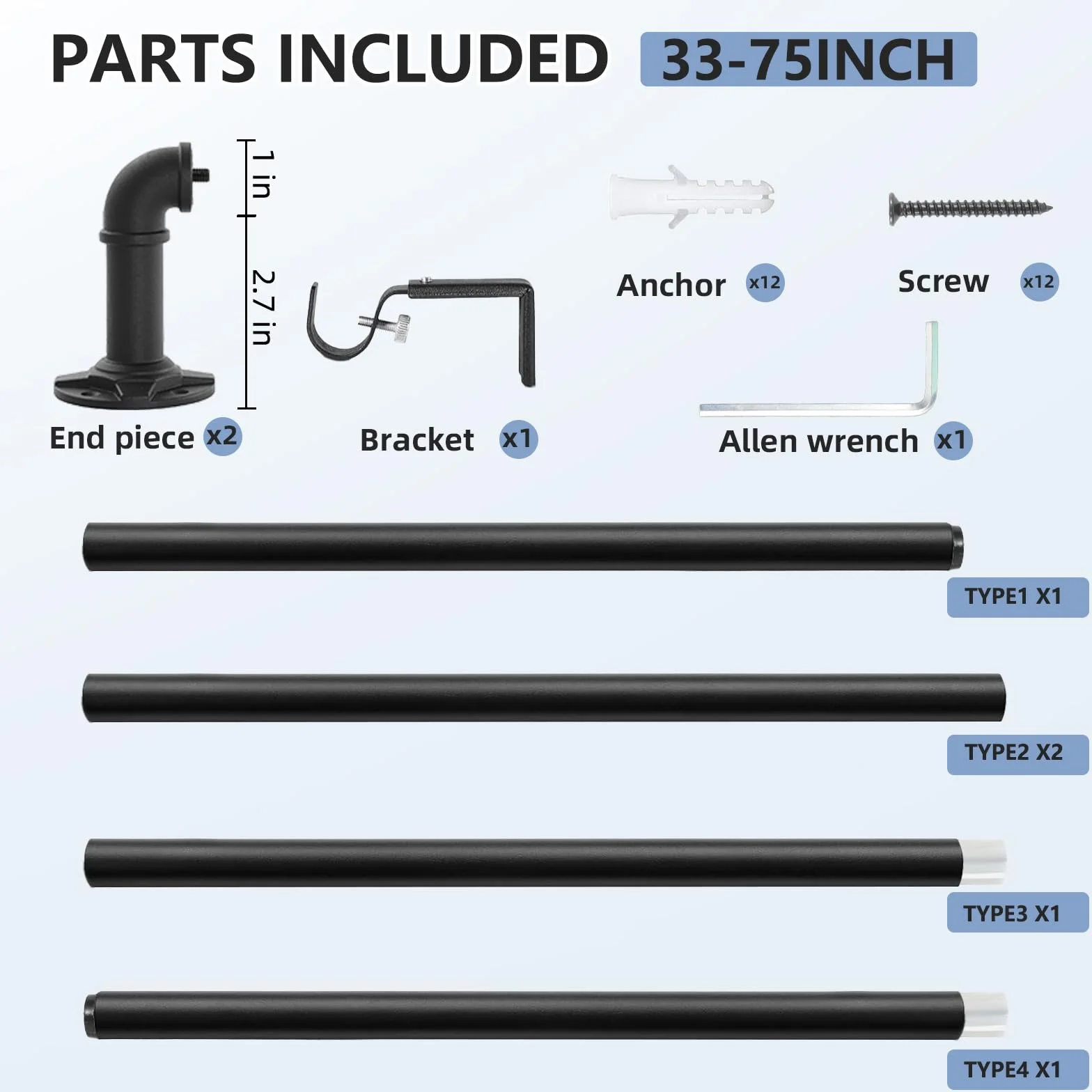 Drążek do zasłon w stylu industrialnym, regulowany, do drążków okiennych, montażu na ścianie lub suficie, wszechstronne zastosowanie (88-180 cm), x 2 sztuki