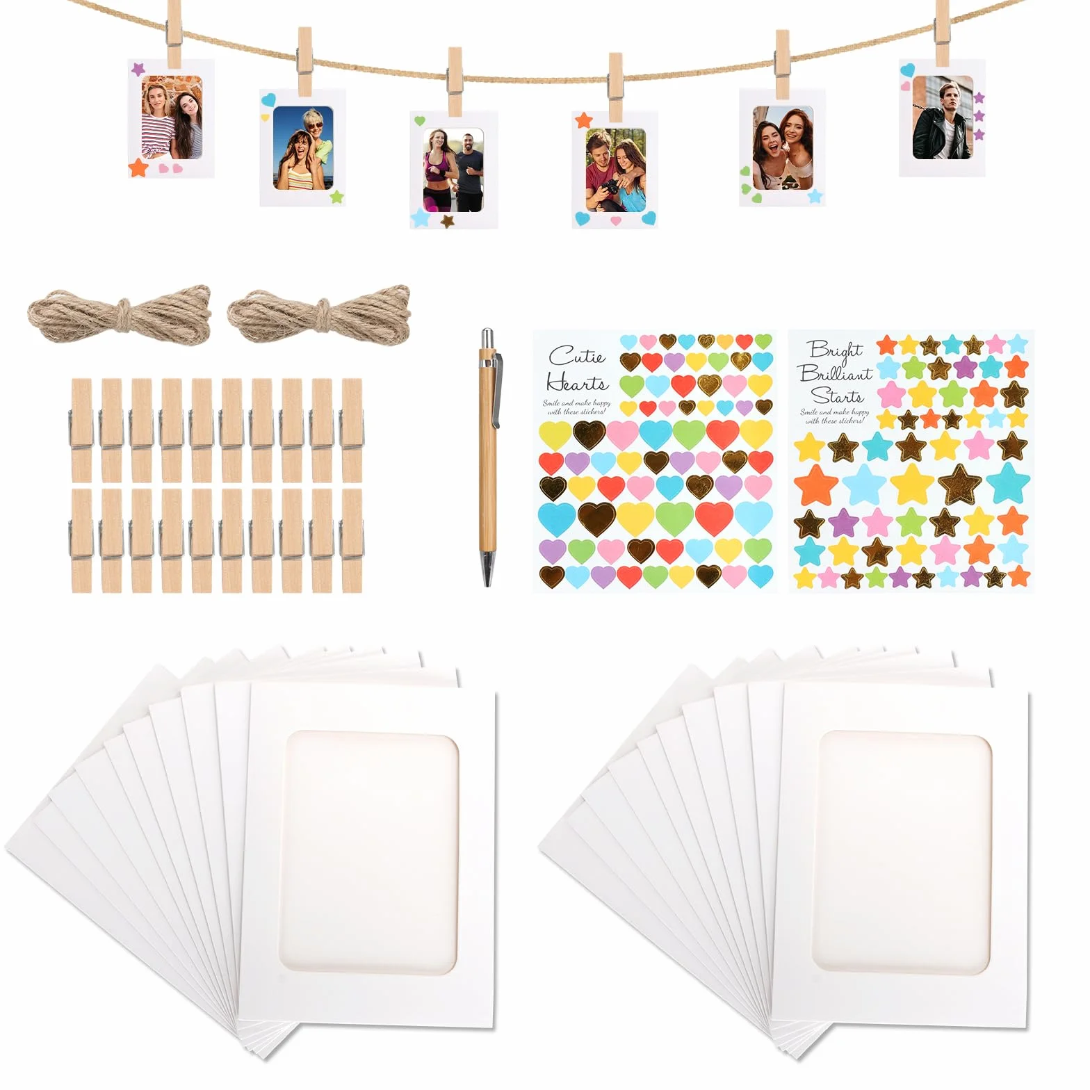 20 sztuk ramka na zdjęcia wisząca dekoracja ścienna, 6 cali DIY papierowa ramka z naklejkami i piórem, papier pakowy do domu szkoły biura