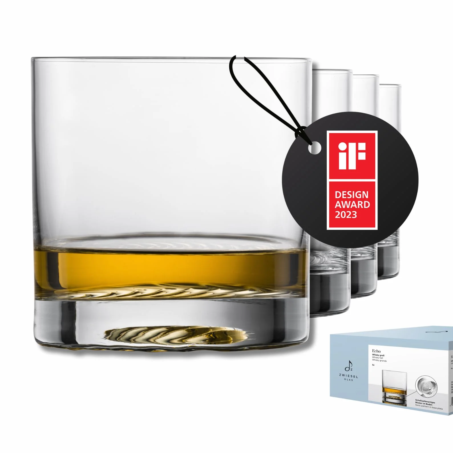 Zwiesel Glas Szklanki do whisky, duże Echo (zestaw 4 szt.), nowoczesny kubek do whisky, nadają się do mycia w zmywarce, wykonane w Niemczech (nr art. 123377)