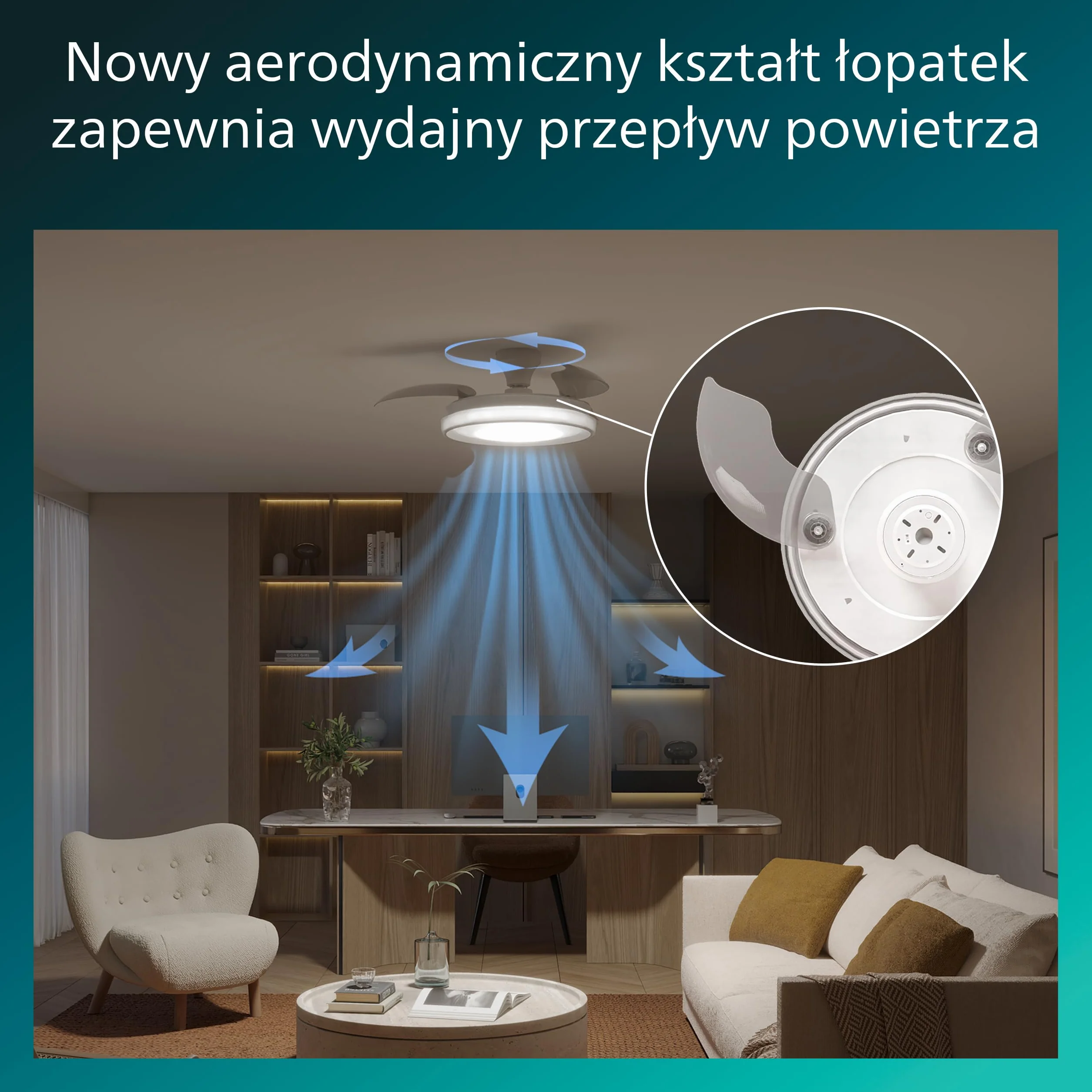 Chowany Wentylator Sufitowy Philips Bliss z Oświetleniem LED, 3 Łopatki, 106 cm, 4500 Lumenów, Regulowana Barwa 3000–6500 K, Przyciemnianie do 5%, Pilot, Biały