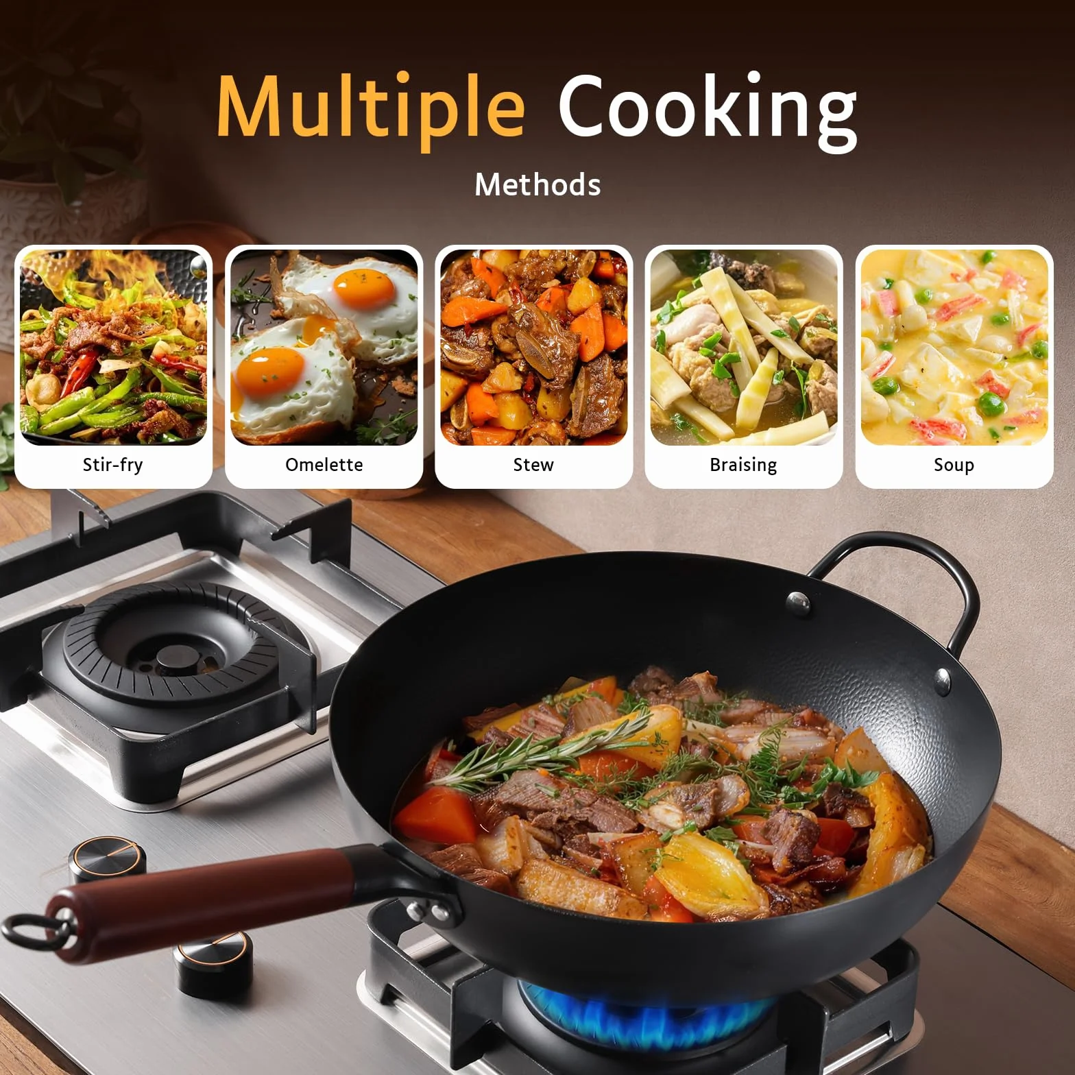 Kordisen Wok ze stali węglowej 32 cm z pokrywką, ergonomiczny drewniany uchwyt, płaskie dno do indukcji i gazu, naturalna nieprzywierająca, duża pojemność dla 3-6 osób, idealny do kuchni azjatyckiej