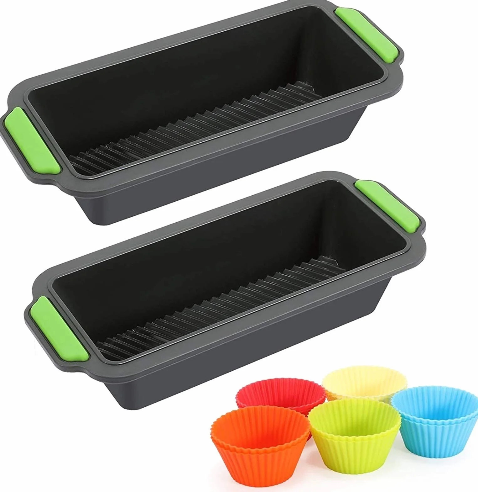 RJJ Zestaw 2 puszek chleba slicone do pieczenia + 10 sztuk wielokrotnego użytku formy babeczki, non-stick prostokątny zestaw Bakeware