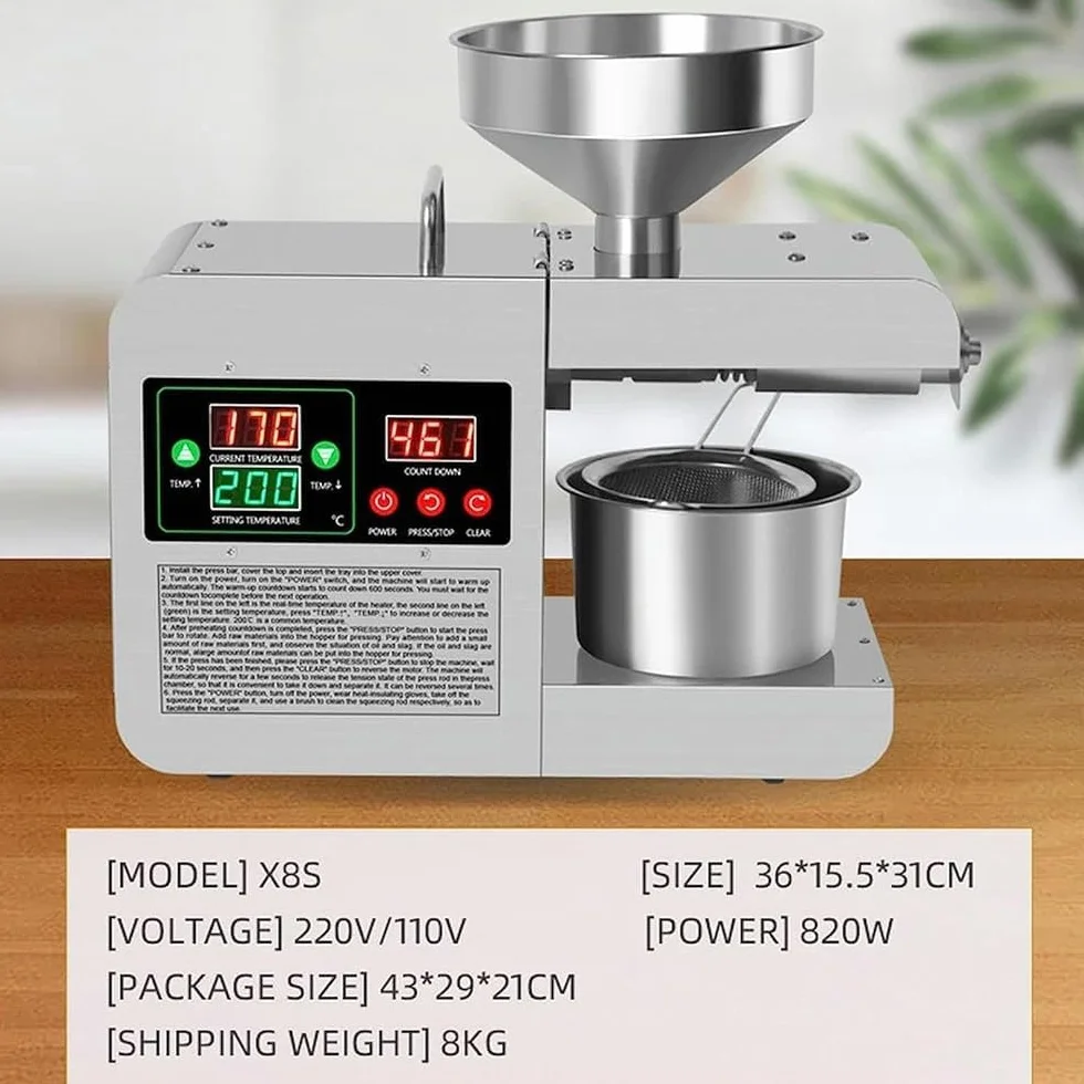 Ekstraktor oleju tłoczonego na zimno, inteligentna kontrola i regulacja temperatury 40-240℃ do domowej kuchni i użytku komercyjnego - idealny do orzechów, pekanu, siemienia lnianego, migdałów i innych