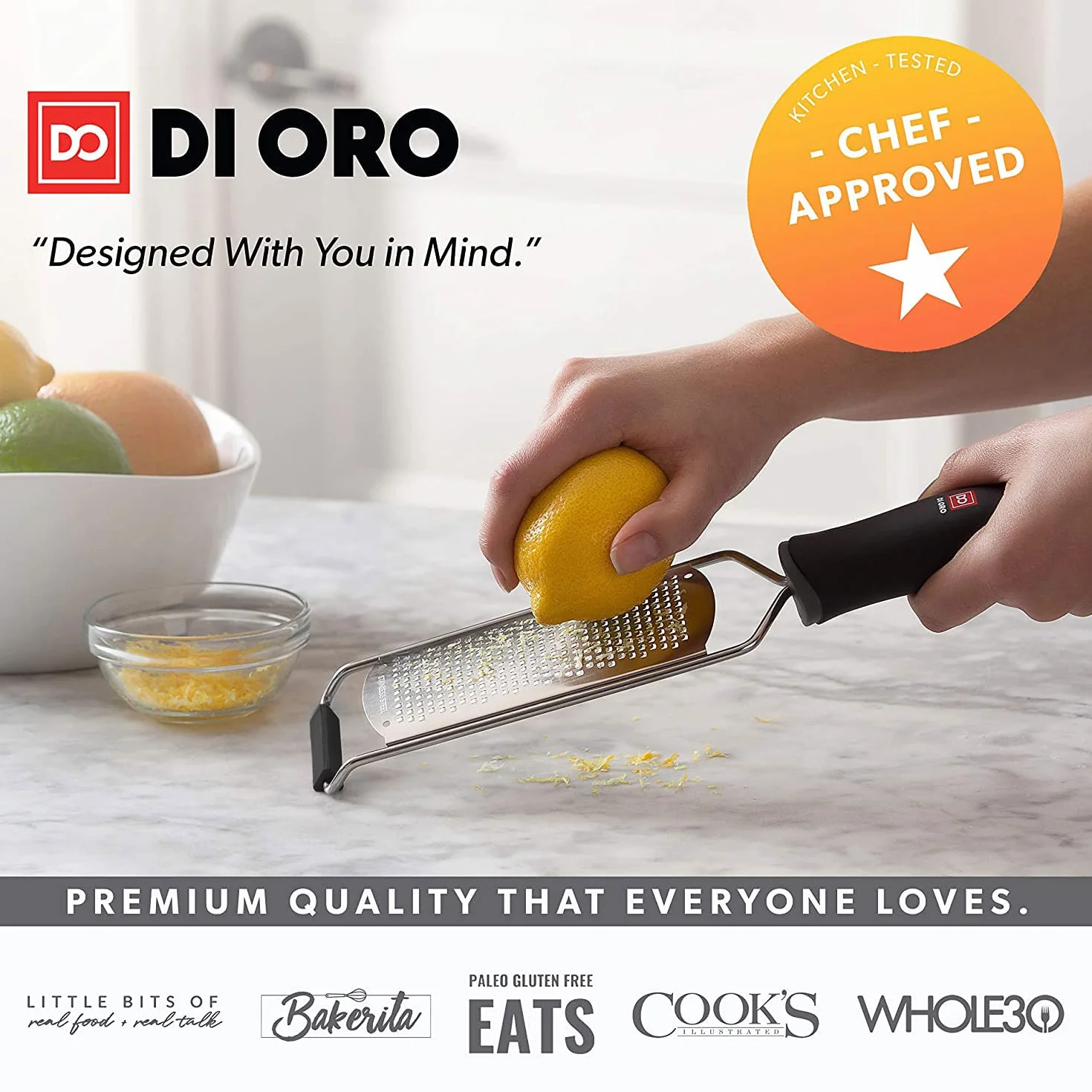 DI ORO® ręczna tarka i zester do cytryn - bez trudu ściera wszystkie rodzaje żywności i łatwo się czyści - ergonomiczny, wygodny uchwyt i ostra jak brzytwa stal nierdzewna