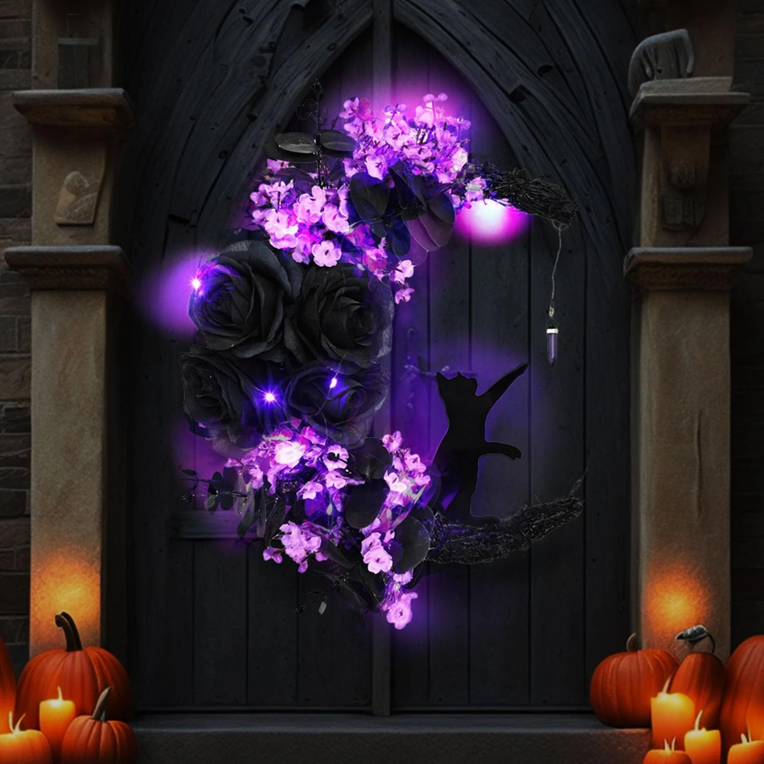Wieniec Halloween, księżyc, kot, trwały wieniec na Halloween, girlanda, prezent, Halloween, wieniec na drzwi, uniwersalny, do wnętrz, na zewnątrz, dekoracja domu, C, bez światła, 30 cm