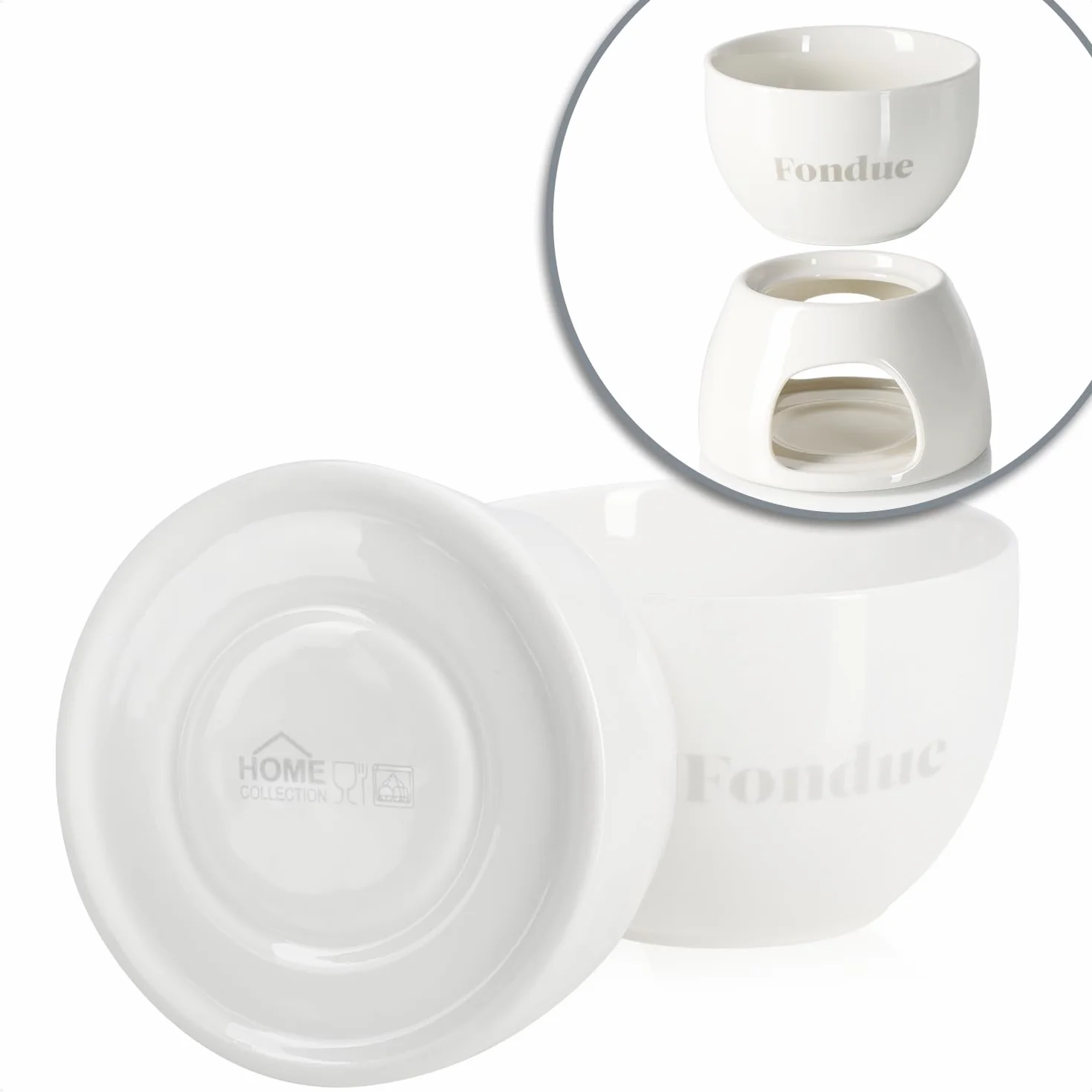 COM-FOUR® Zestaw do czekoladowego fondue Premium - miska ceramiczna z podstawka na podgrzewacz i 4 widelcami - tygiel do czekolady i sera - tygiel - miska do dipów deserowych dla 4 osób (bialy)