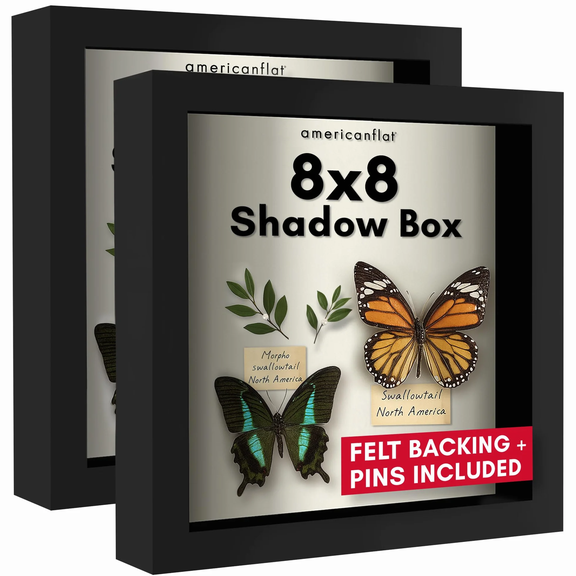 Americanflat Ramka Shadow Box 8 x 8 w kolorze czarnym z miękkim lnianym tyłem - drewno kompozytowe z odpornym na pęknięcia szkłem na ścianę i blat - 2 sztuki
