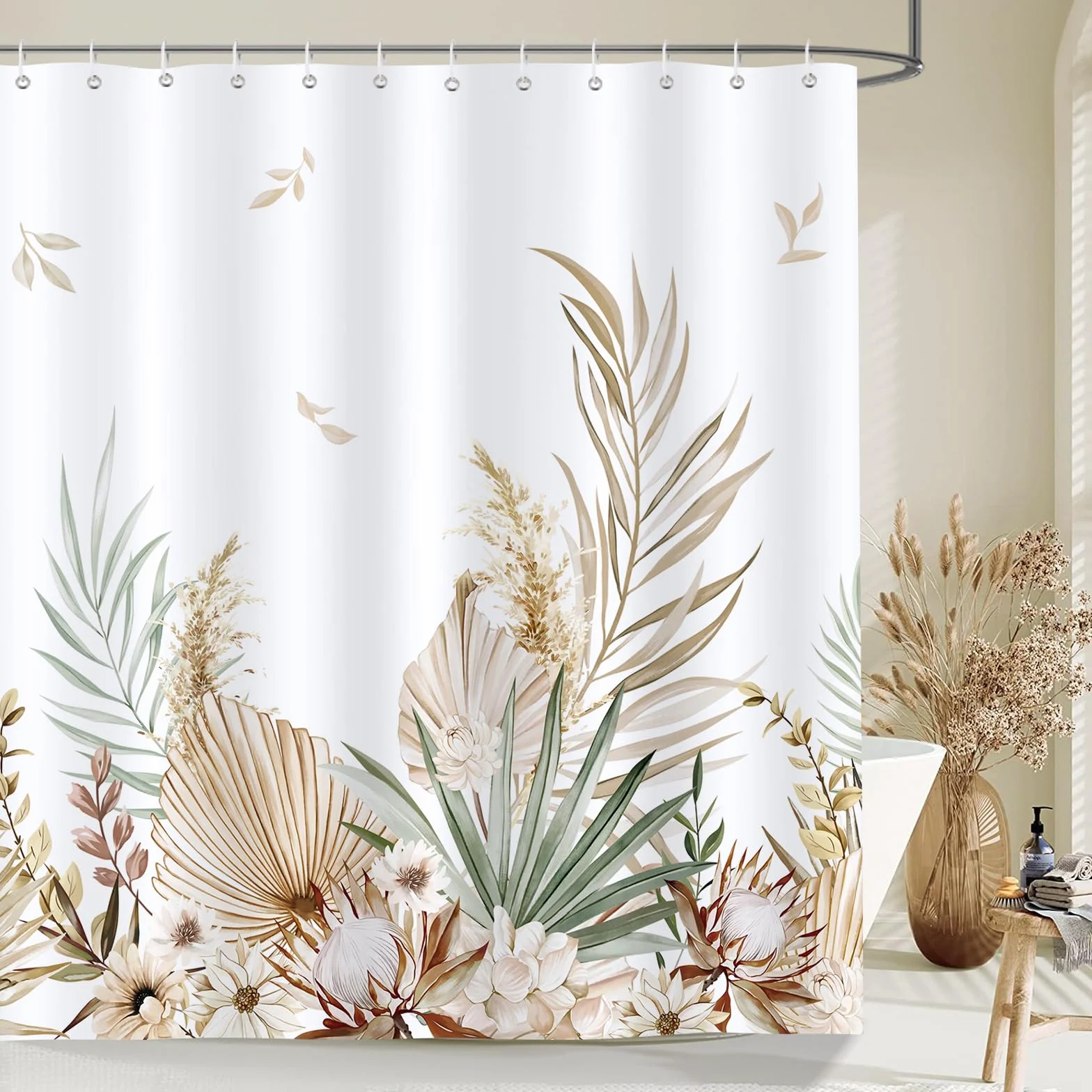 Bonhause Boho zasłona prysznicowa z liśćmi palmowymi, kwiatowa, zasłona łazienkowa, 180 x 180 cm, wodoodporna, odporna na pleśń i pleśń, tkanina poliestrowa, zasłona łazienkowa z 12 haczykami