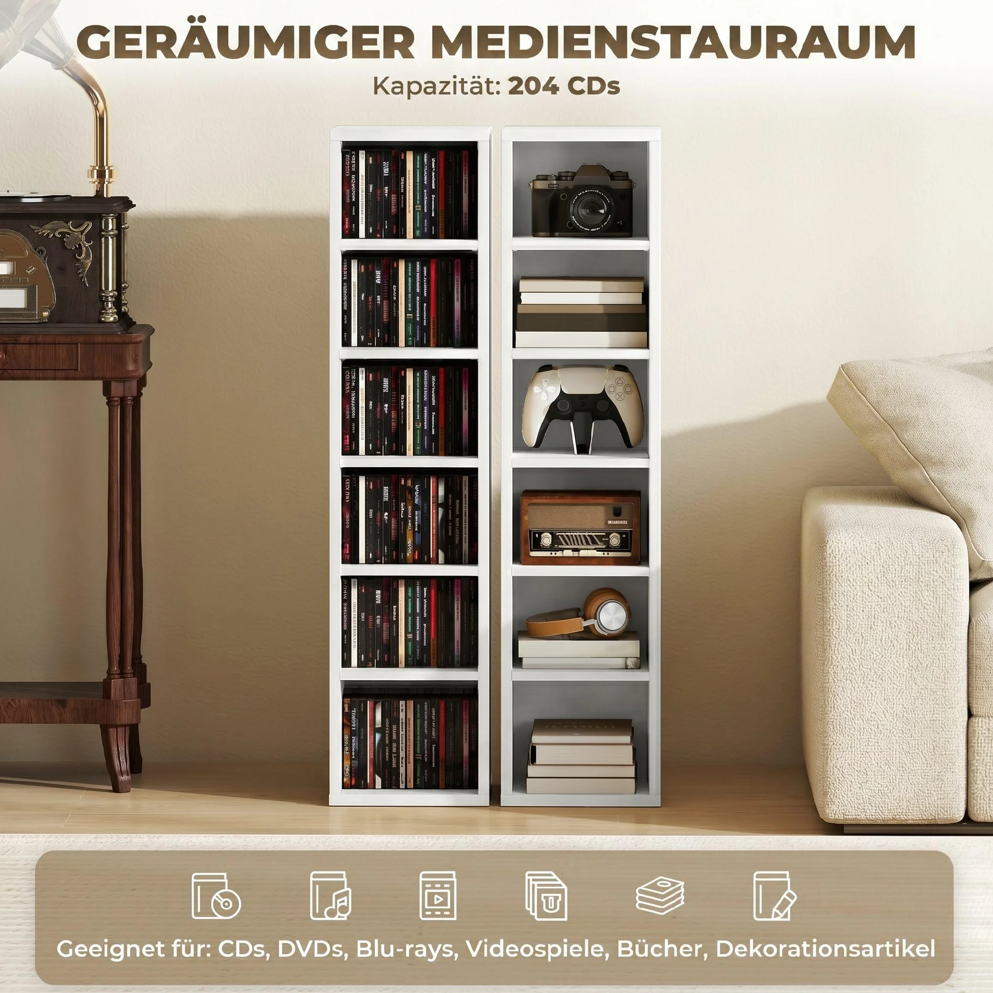 HOMCOM Regał na płyty CD, DVD i Blu-ray, zestaw 2 sztuk, możliwość układania w stos, 21 x 22,5 x 88,5 cm, biały | Regał na płyty CD, regał stojący z 5 regulowanymi półkami, regał na media, regał dekoracyjny