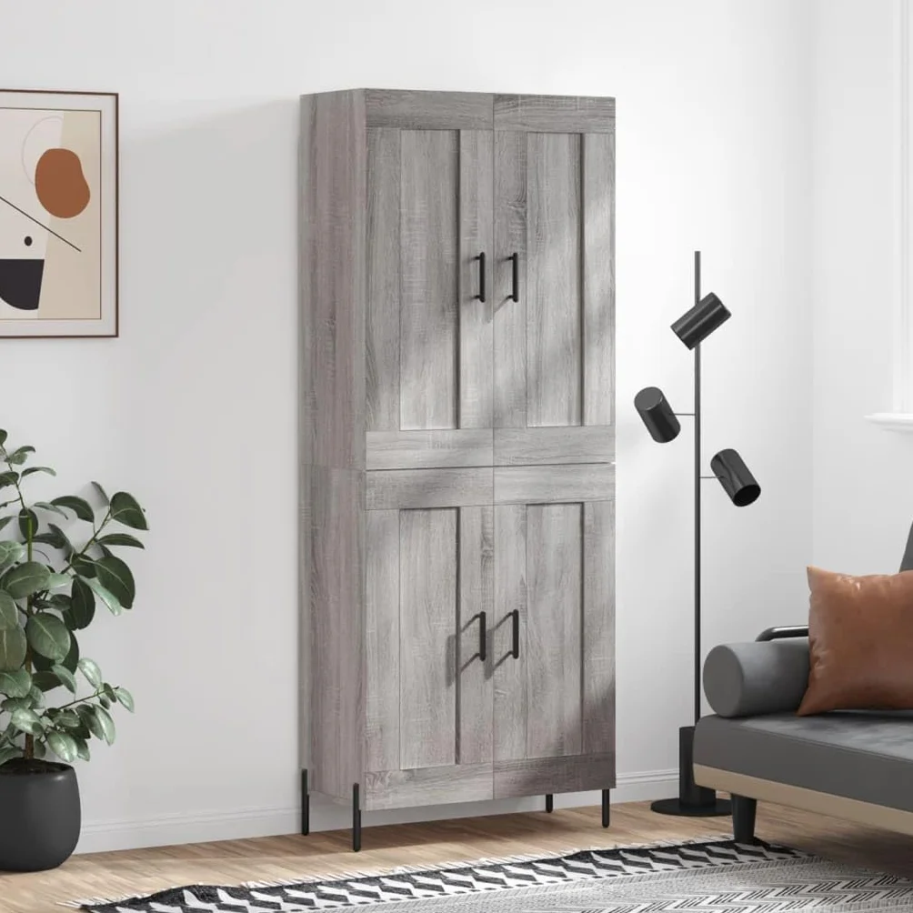 Générique Bufet wysoki Sonoma szary 69,5 x 34 x 180 cm, szafka do przechowywania z drewna inżynieryjnego z drzwiami skrzydłowymi, szara szafka do salonu z żelaznymi nogami do dużej przestrzeni do