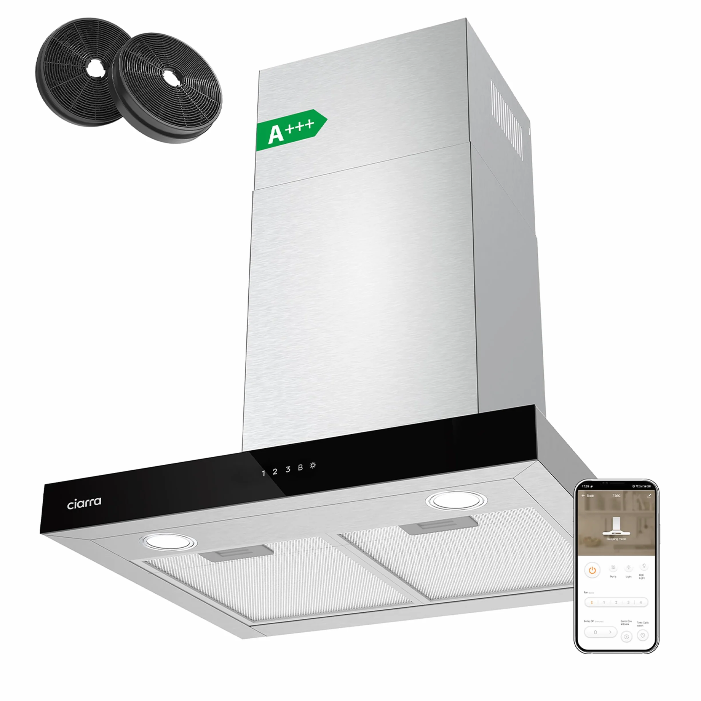 CIARRA CBCS6102 A+++ okap kuchenny 60 cm obieg powietrza wylotowego okap kuchenny 650 m³/h Wi-Fi App Touch obsługa 4 stopnie wraz z Booster czarny okap ścienny z filtrem węglowym CBCF003