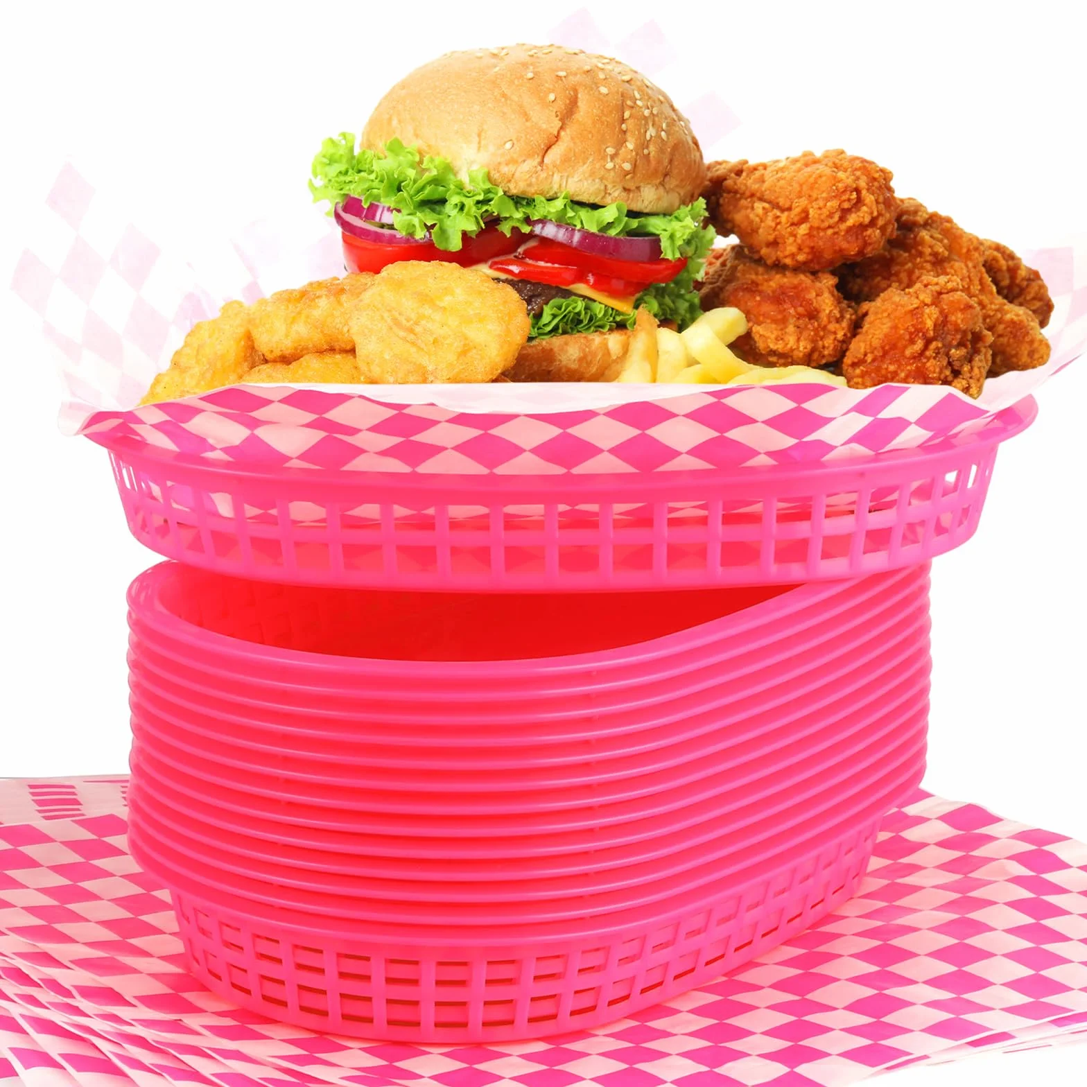 Uiifan Kosze do fast foodów z 100 szt. wkładkami w kratkę, kosze do serwowania, kosze na żywność, plastikowe tacki do serwowania, zestaw do restauracji, hot dogów, chipsów, na imprezę, piknik, różowe