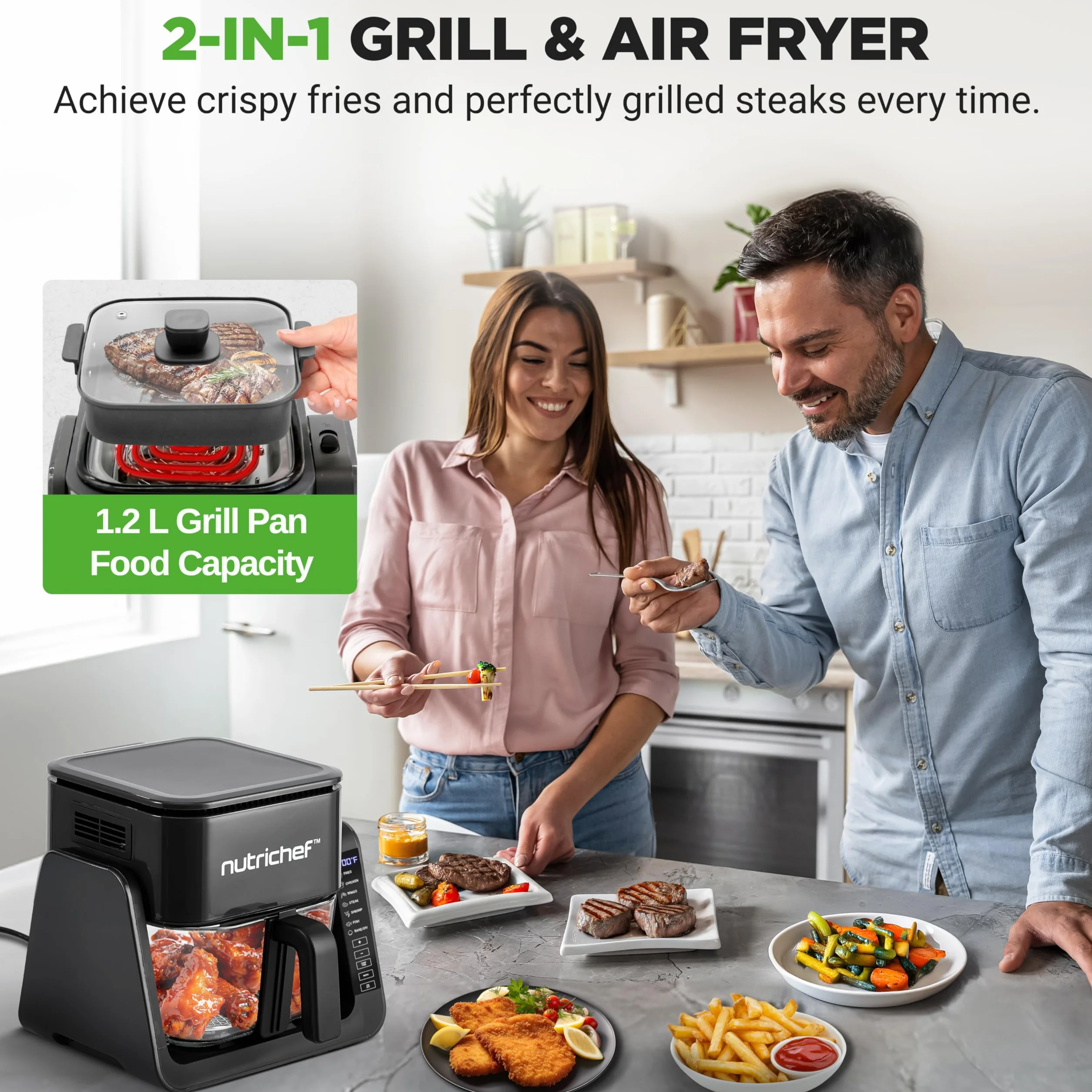 NutriChef Frytkownica Powietrzna i Grill 4 QT, 7 Wstępnie Ustawionych Trybów, Przezroczysta Misa, Smaży Krewetki, Steki, Frytki i Więcej, Frytkownica 4 QT i Grill 1.2 QT