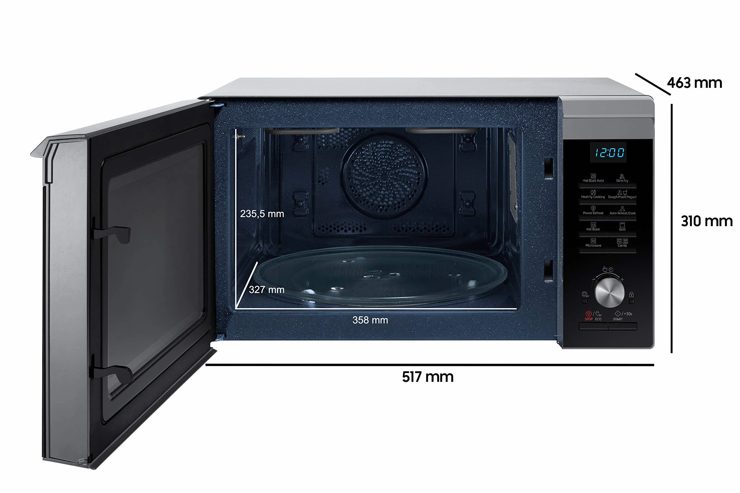 Samsung MC2BM6035CS/EG kuchenka mikrofalowa kombi z grillem i gorącym powietrzem, 900 W, 28 komora gotowania (bardzo duża), szerokość 51,7 cm, technologia HotBlast, SlimFry, srebrna