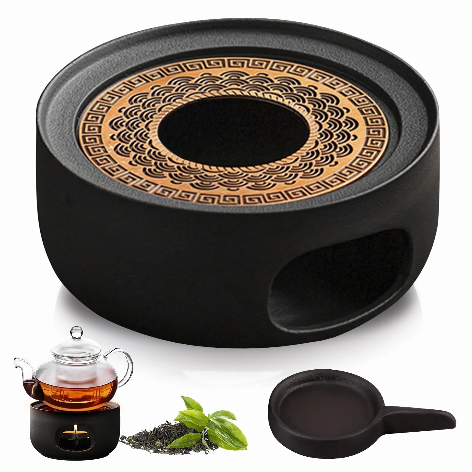 GOMETY podgrzewacz do herbaty i kawy z ceramiki, ceramiczny podgrzewacz, podgrzewacz do herbaty i kawy z podkładką do pieczenia, podgrzewacz do dzbanka do herbaty, wydrążony rzeźbiony wzór do