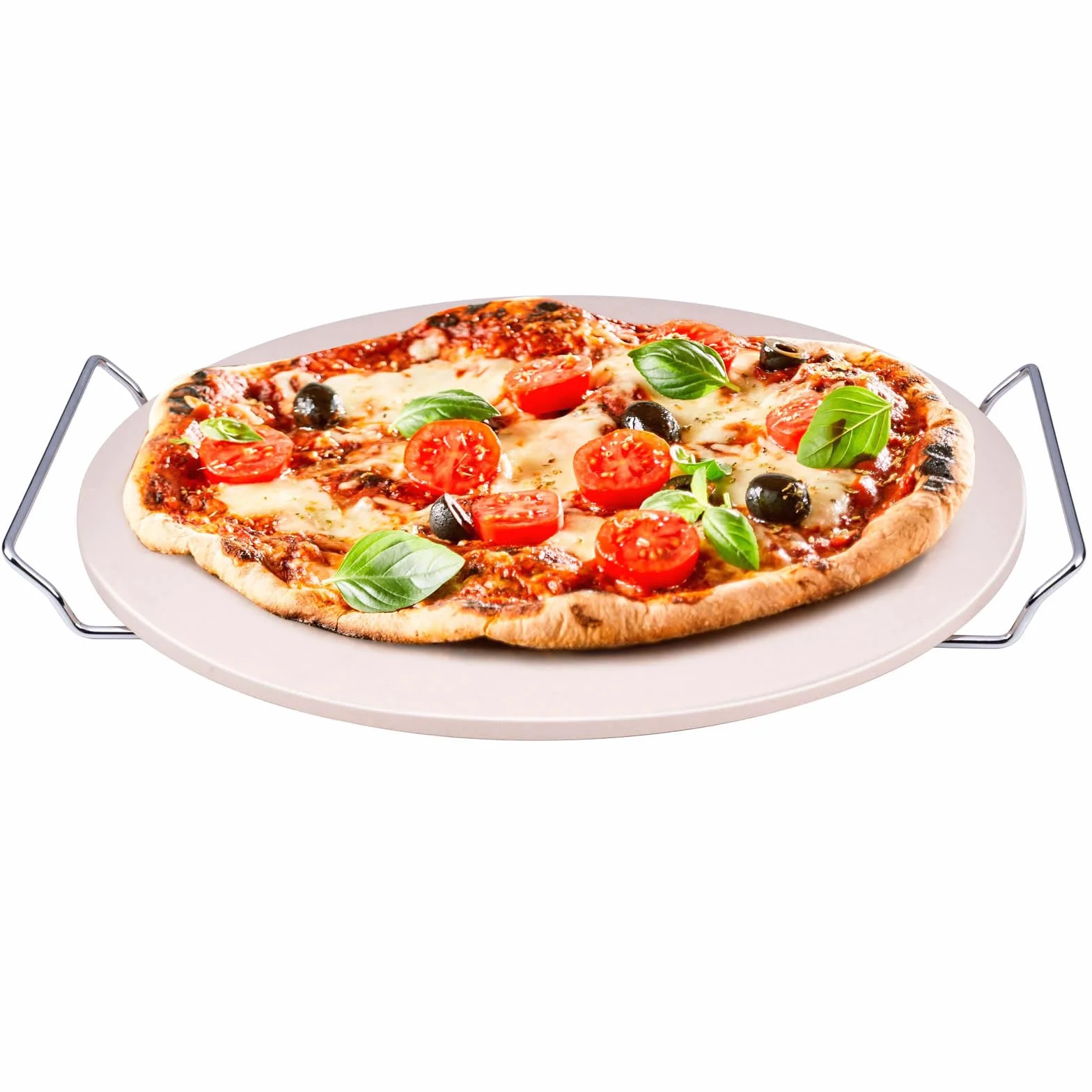 Kamień do pizzy Ø 33 cm do piekarnika i grilla z uchwytem ze stali nierdzewnej, grubość 1 cm, do pieca, grilla gazowego, kamień do pieczenia