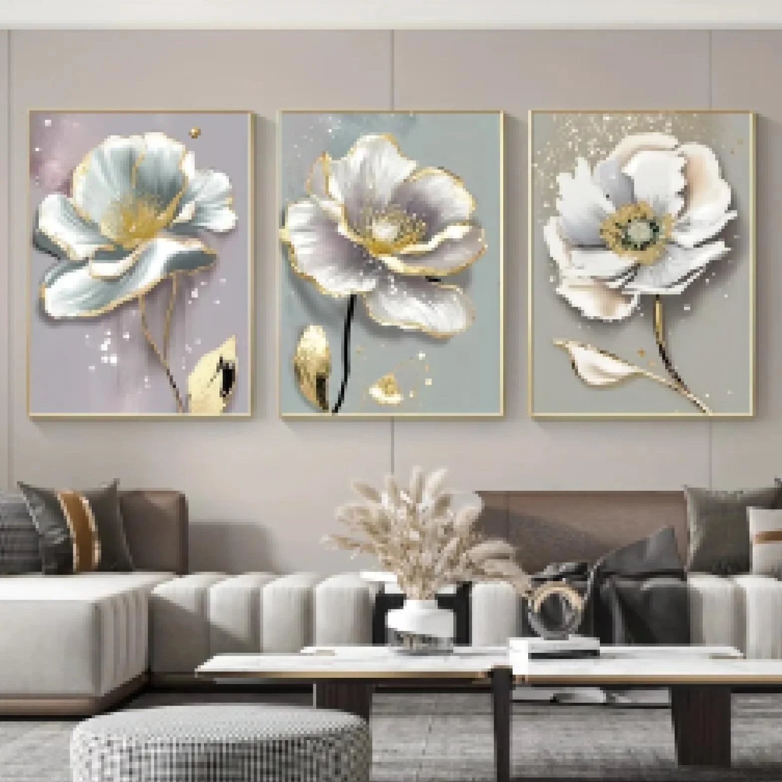 ZHUOYA Sztuka abstrakcyjna Splash złota farba kwiaty obraz na płótnie HD druk plakat nordycki minimalizm salon dekoracja domu 60 x 90 cm x 3 bez ramy