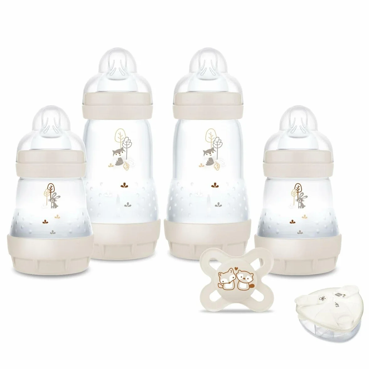 MAM - My Birth Box (6 produktów) Sable - 4 butelki Easy Start Anti-Colique + 1 smoczek dla narodzin + 1 pudełko na miarkę w prezencie - idealny prezent na narodziny z butelkami i ultra miękkim