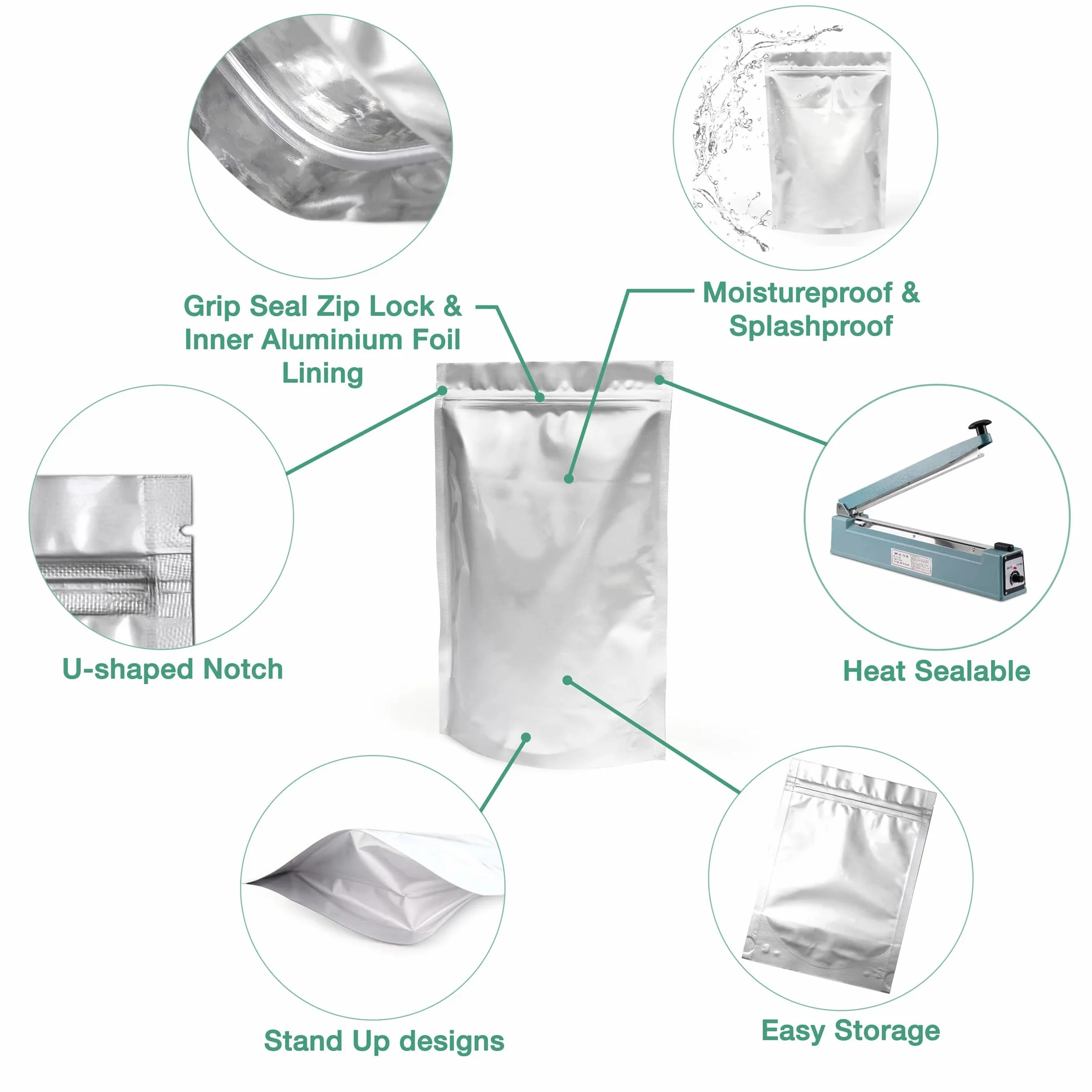 Evergreen Goods woreczki do przechowywania żywności z folii aluminiowej, wielokrotnego użytku, zamek błyskawiczny, samodzielne wstawanie, zamykane termicznie z nacięciem, herbata, ziarna kawy,
