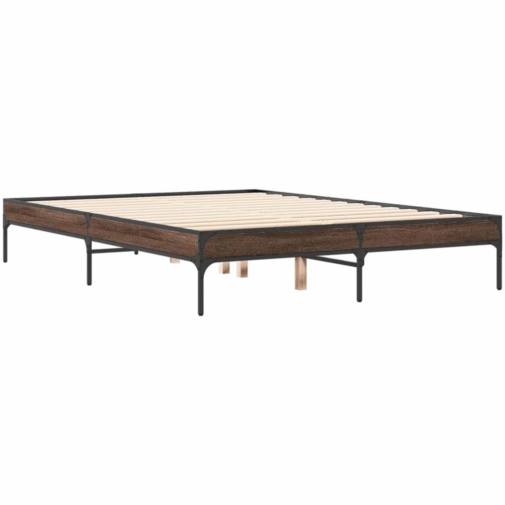 Rama łóżka, łóżko rodzinne, łóżko podwójne, meble do sypialni, rama łóżka, brązowa, imitacja dębu, 135 x 190 cm, materiał drewnopochodny metal