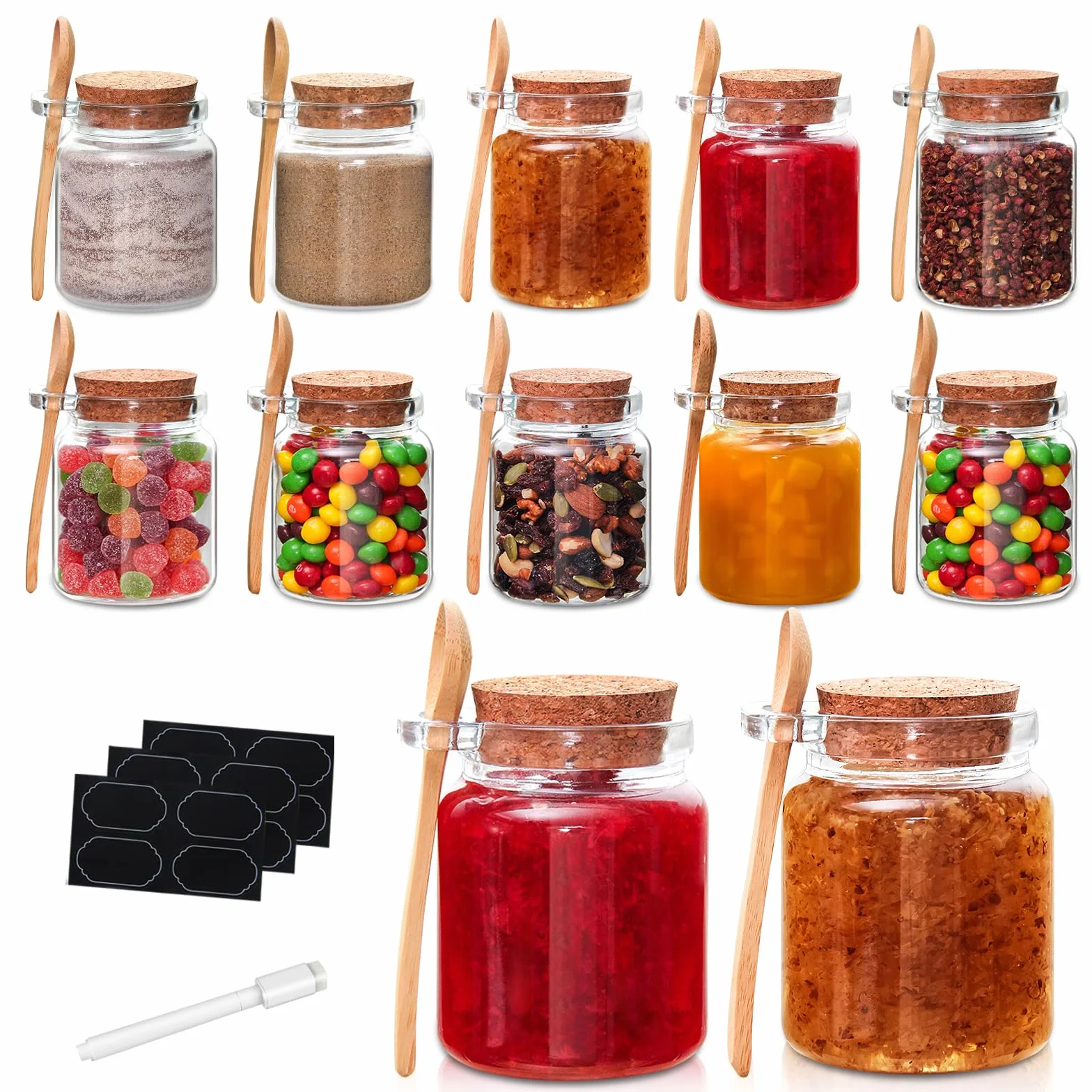 YEBODA Małe szklane słoiki do przechowywania 295 ml z pokrywkami korkowymi i łyżkami pojemniki na jogurt do spiżarni, łazienki, przypraw, miodu, musu, słodyczy, produkcji świec, DIY i sztuki, zestaw