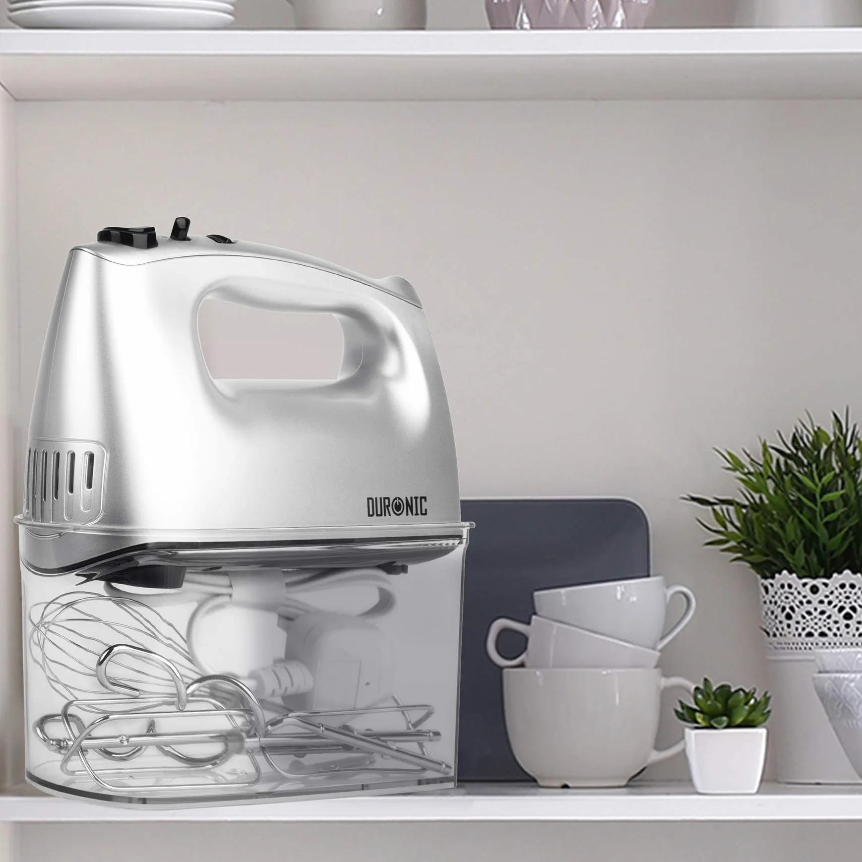 Duronic HM4 SR Mikser ręczny z pojemnikiem do przechowywania wierteł srebrny 400W | 5 prędkości i funkcja turbo | hak do wyrabiania ciasta, trzepaczka i mieszaki | lekki | łatwe przechowywanie