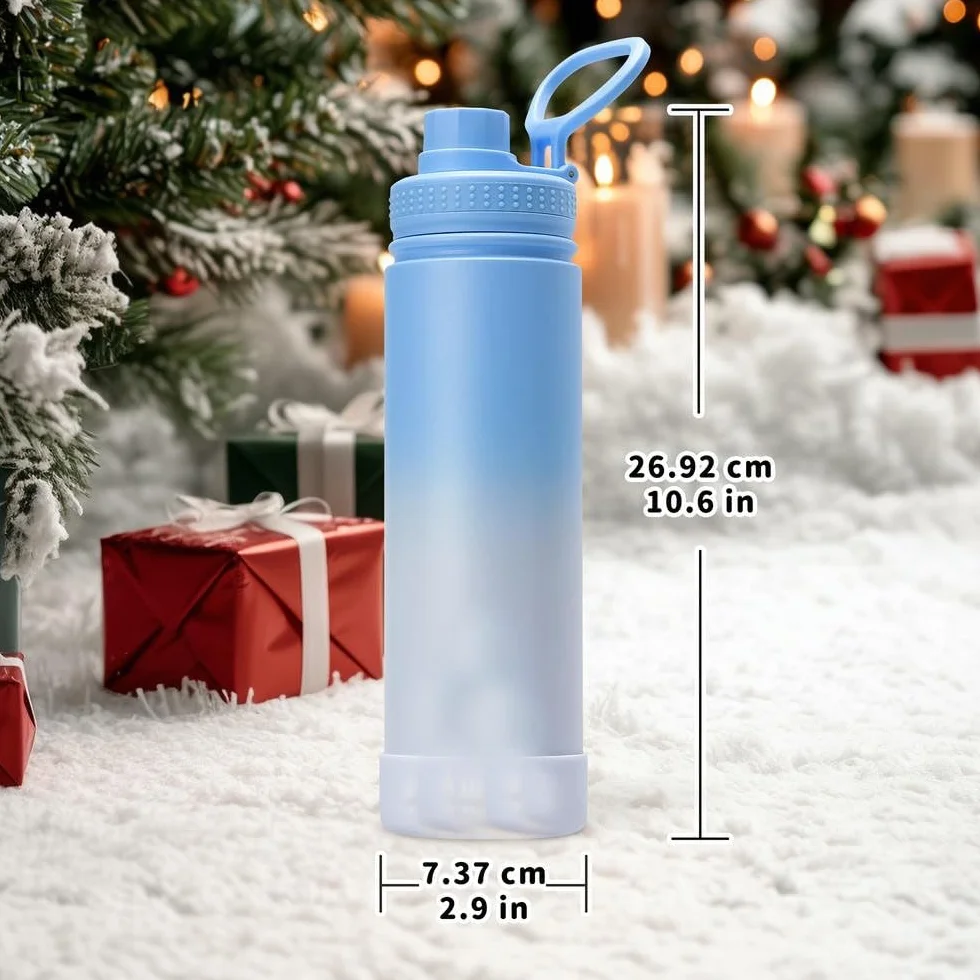 Izolowana butelka na wodę szerokie usta stalowy kubek z pokrywką szczelny podwójna ścianka vacuum flask 24h zimny kołnierz (22oz Green Blue)