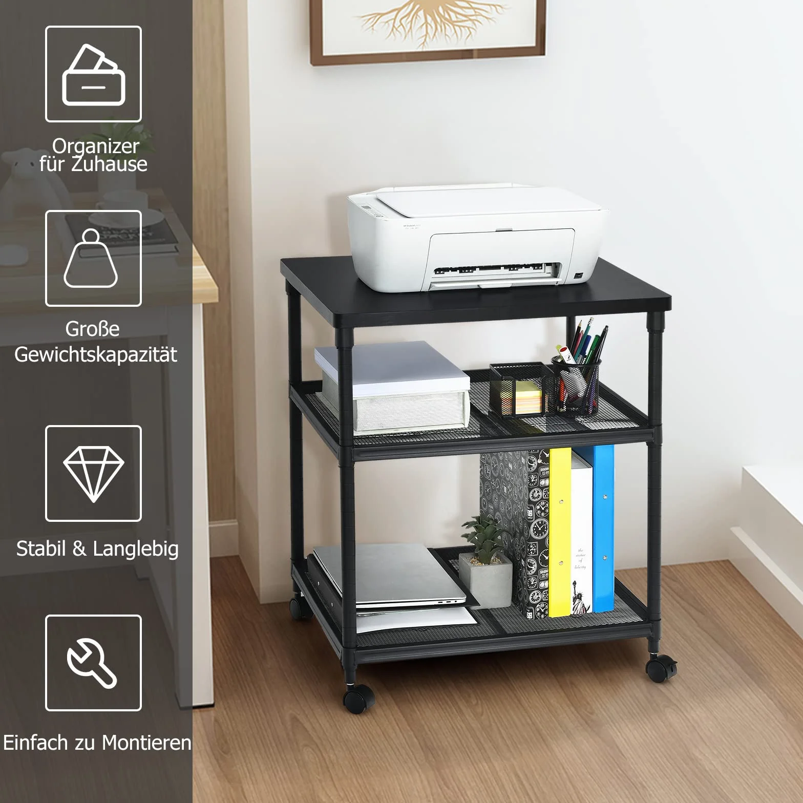 COSTWAY 3-poziomowy stojak na drukarkę, wielofunkcyjny wózek do drukarki z kółkami obracającymi się o 360°, stabilna żelazna rama, regał na drukarkę z regulacją wysokości, do biura, salonu, kuchni