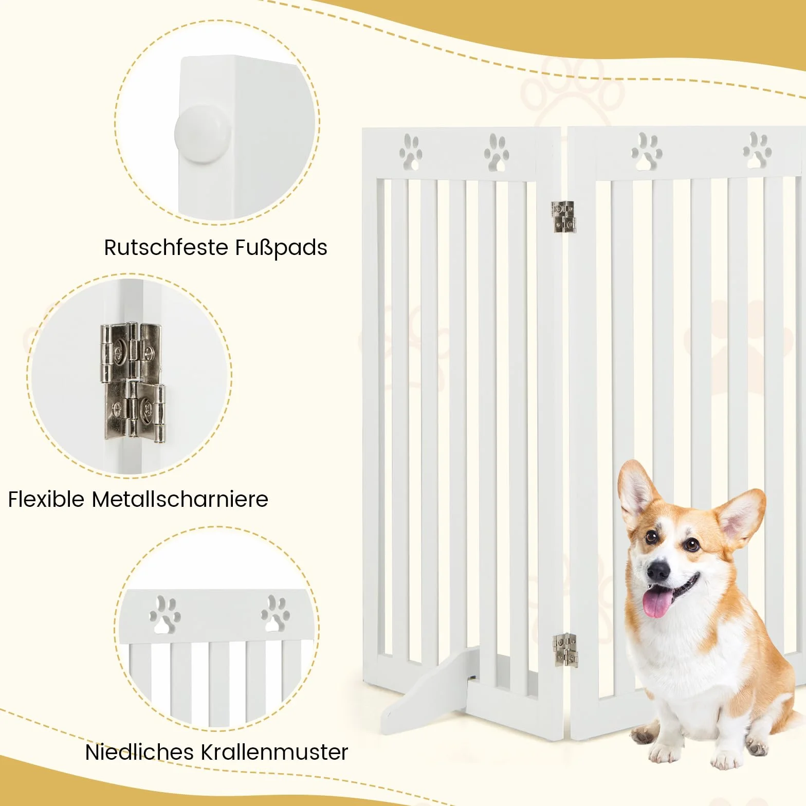 COSTWAY Bramka ochronna dla psów 89 cm wysokości, drewniana kratka ochronna, składana kratka dla dzieci, kratka na schody, elastyczna bramka ochronna dla drzwi (3 panele, biała)