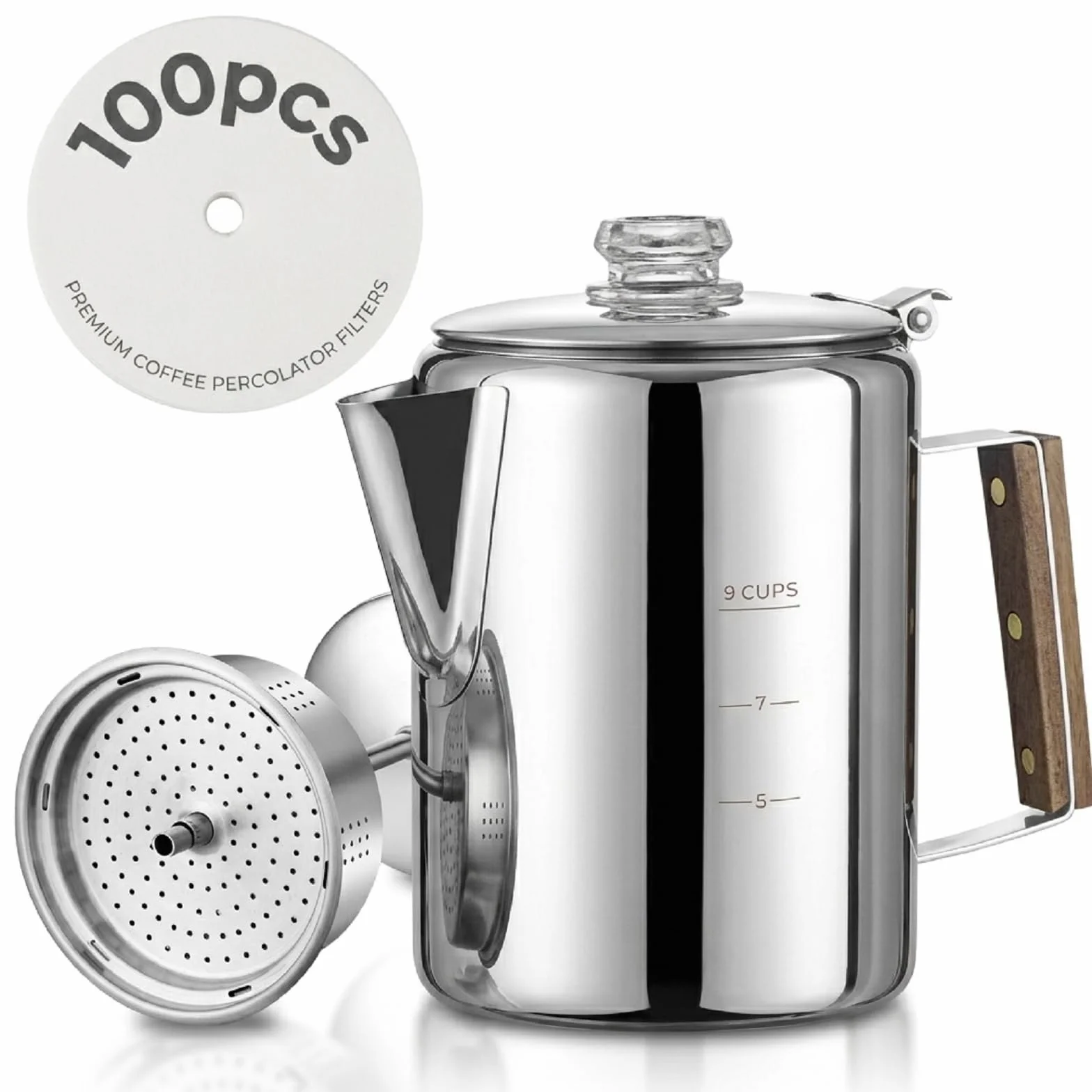 Perkolator do kawy z 100 szt. filtrami do kawy - 9 filiżanek | Trwała stal nierdzewna Materiał do kempingowego dzbanka do kawy | Parzenie kawy na ogniu, na grillu lub na kuchennej płycie |