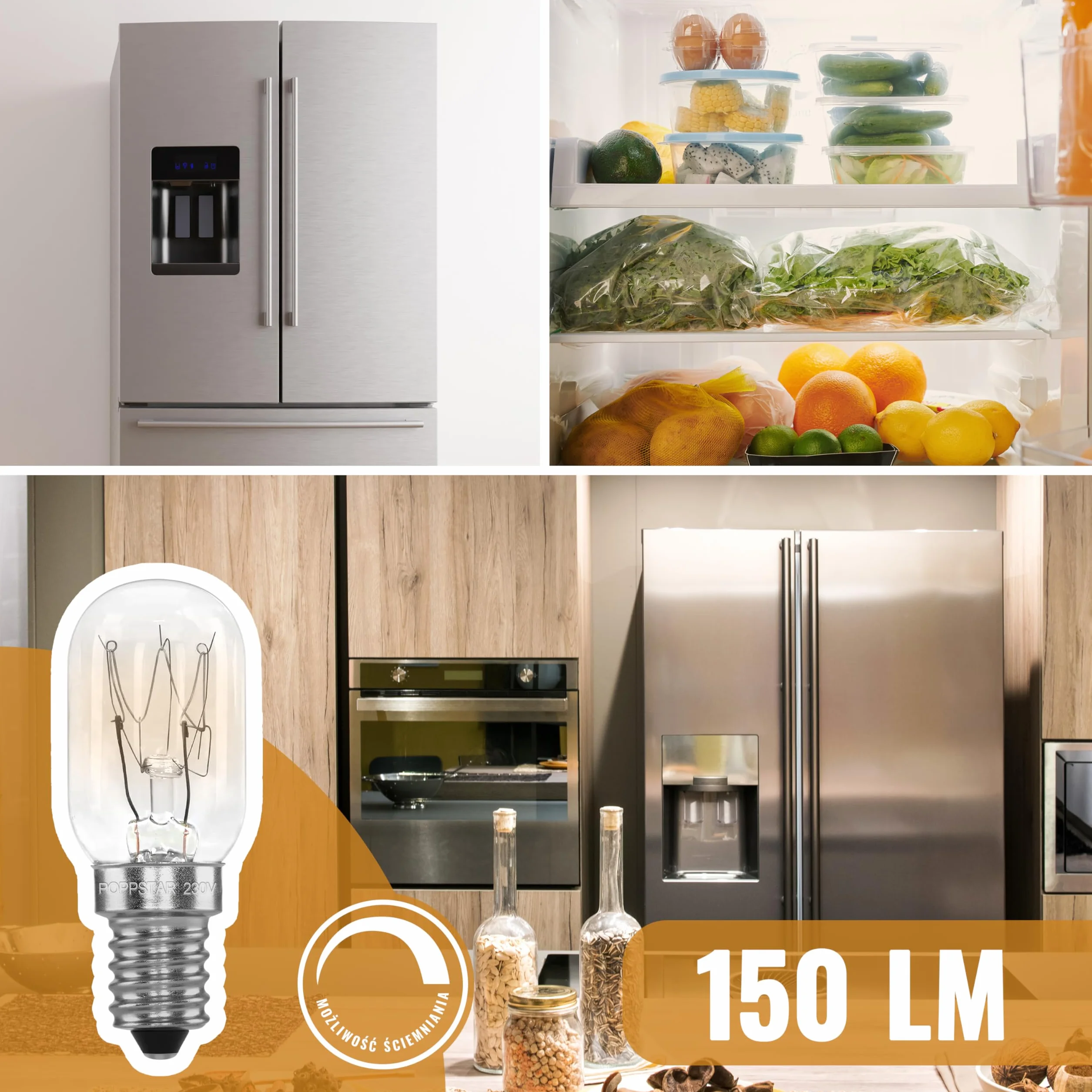 Poppstar 2 żarówki E14 15W do lodówek, maszyn do szycia, zamrażarek, lamp solnych (2700K ciepła biel, 150 lumenów)