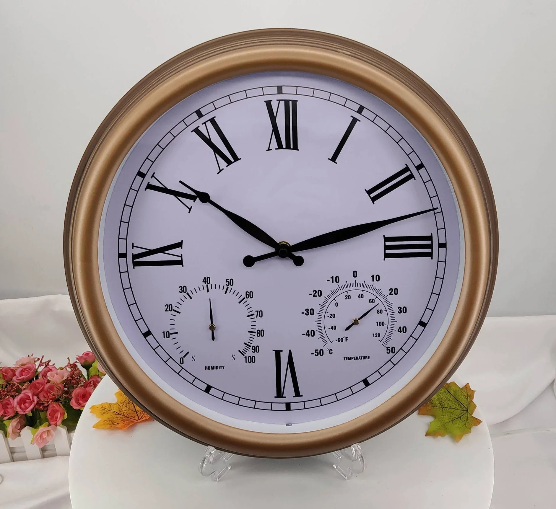 JATIBOSH Retro zegar ścienny do wewnątrz/na zewnątrz z termometrem i higrometrem combo, zegar wiszący, 38 cm, cichy, nietykający, dekoracyjny zegar na baterie, zegar basenowy (baterie nie są dołączone