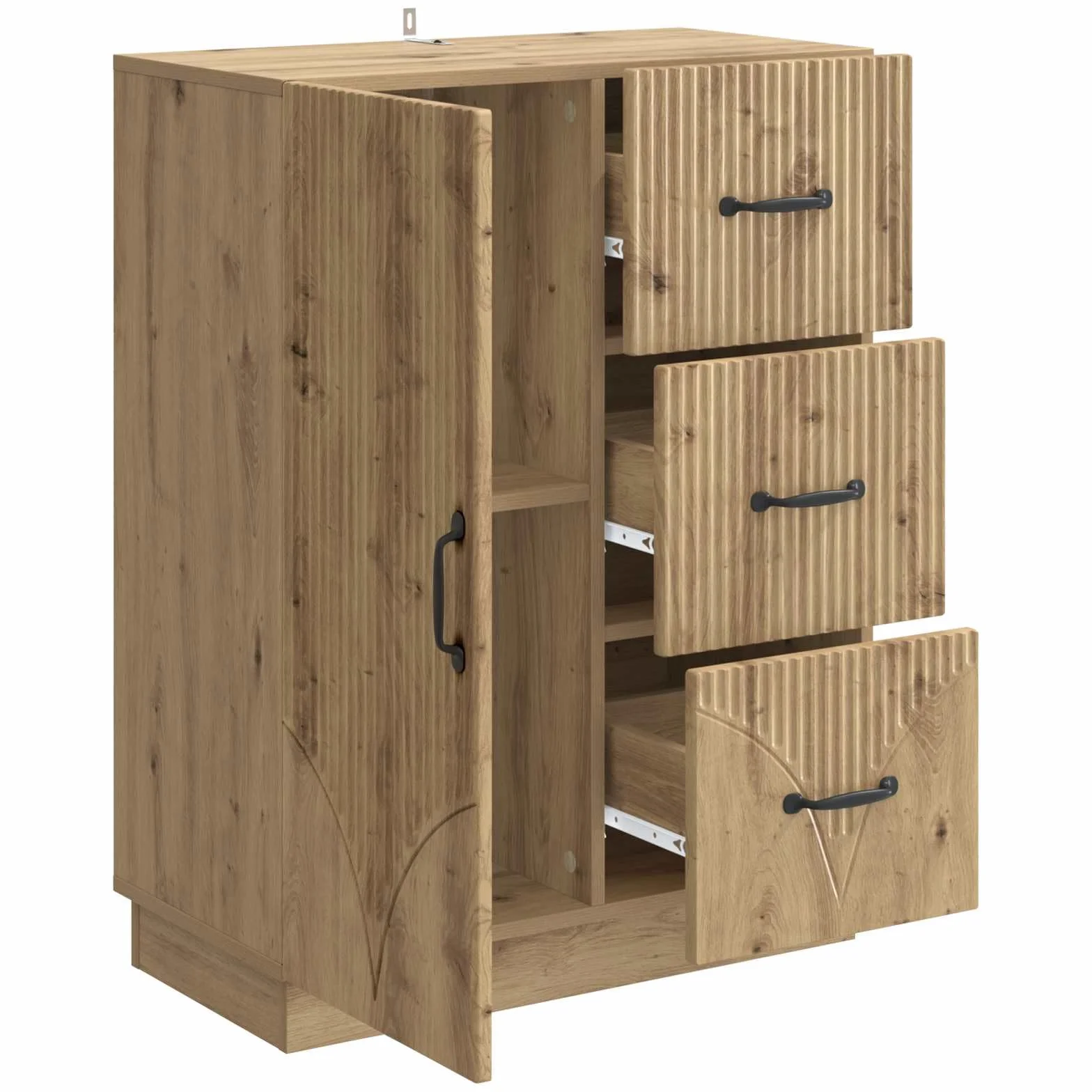 Bufet dębowy rzemieślniczy 66 x 34,5 x 87 cm, inżynieryjny drewniany mebel do przechowywania z szufladami i półkami, elegancki design, do salonu lub jadalni