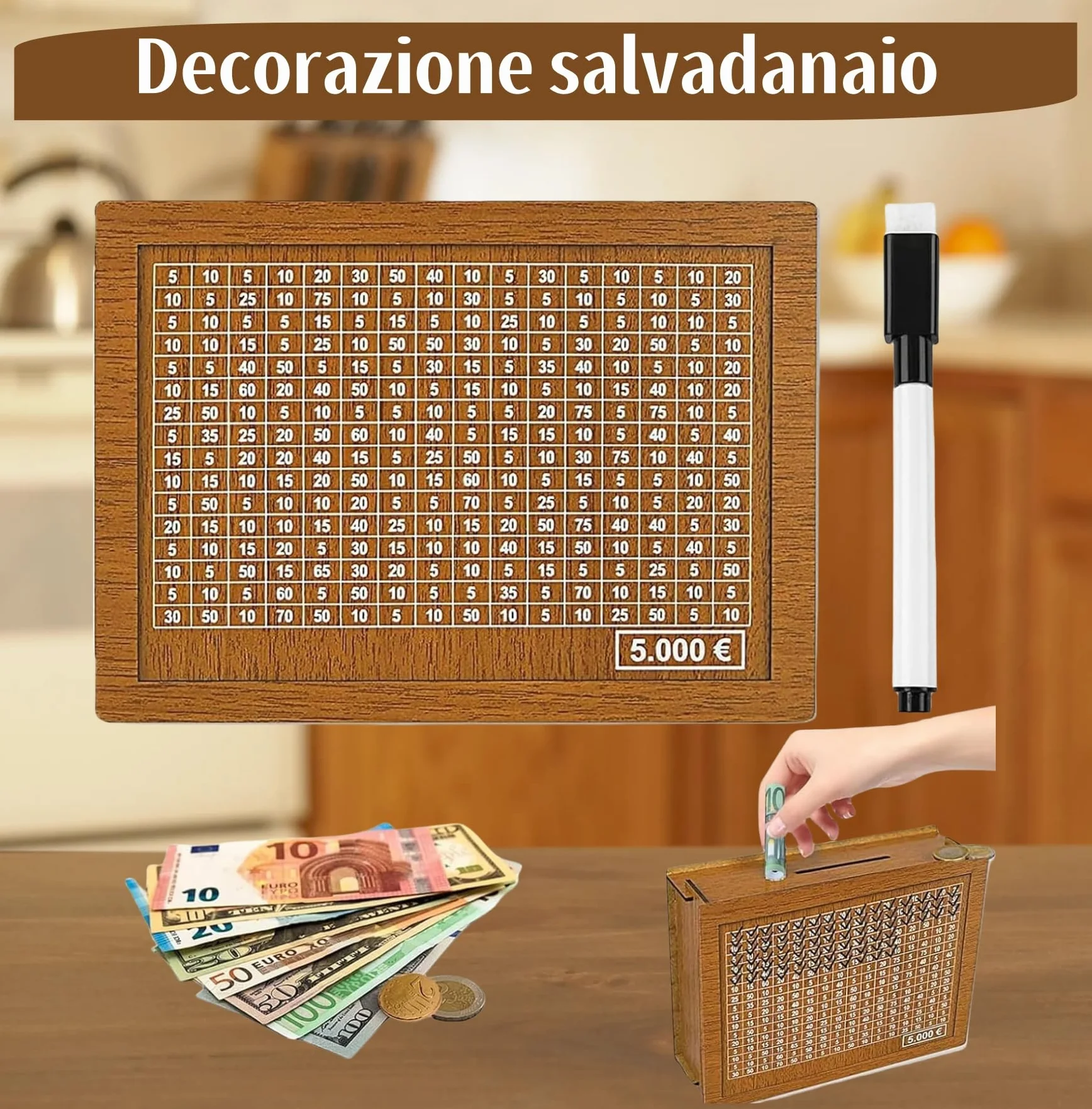 Skarbonka z licznikiem, 4 w 1 drewniana skarbonka, skarbonka z celami o wartości 5000 euro, skarbonka z liczbami, skarbonka wielokrotnego użytku, dla dzieci i dorosłych