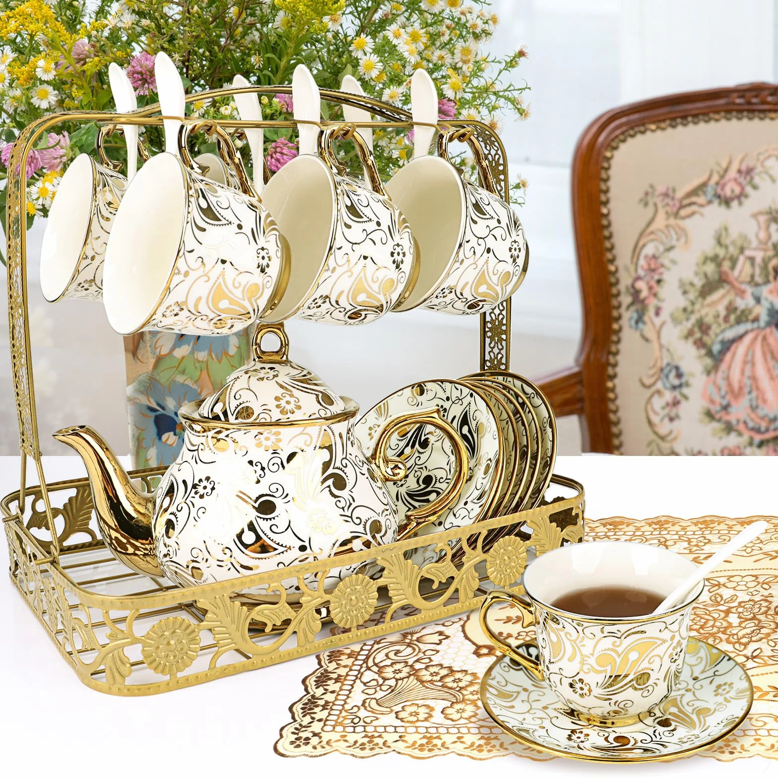 20-częściowy porcelanowy zestaw do herbaty z metalowym uchwytem, europejski ceramiczny zestaw do herbaty dla dorosłych kobiet, czajniczek o pojemności 1000 ml, piękny zestaw filiżanek do kawy i herb