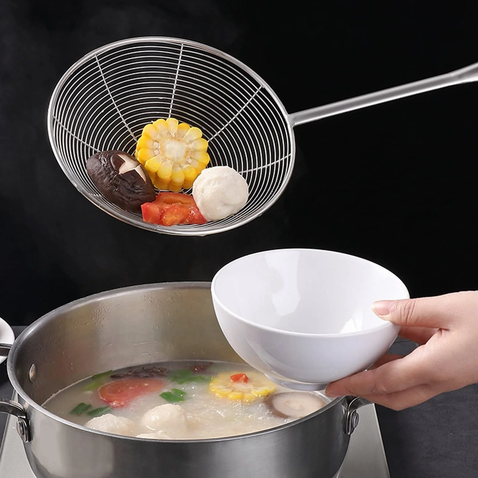 Skimmer do gotowania, durszlak ze stali nierdzewnej, rodzinna kuchnia restauracja patelnia durszlak, smażone jedzenie, warzywa, odpieniacze Durszlak Wonton (rozmiar: L)