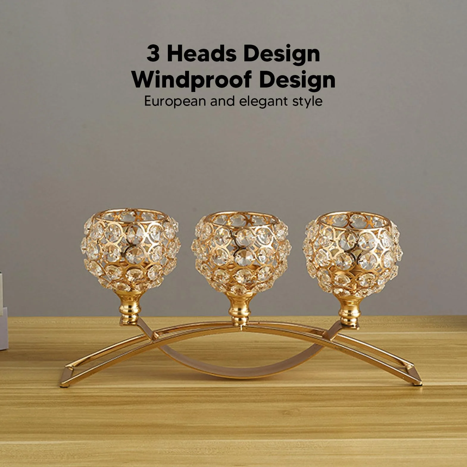 Gold Crystal Candle Holders, 3 Ramiona Kryształowa Miska Tealight Candelabra, Wiatroodporna Konstrukcja, Szeroka Podstawa do Stolika Centralnego Wystroju Domu ślub ślub